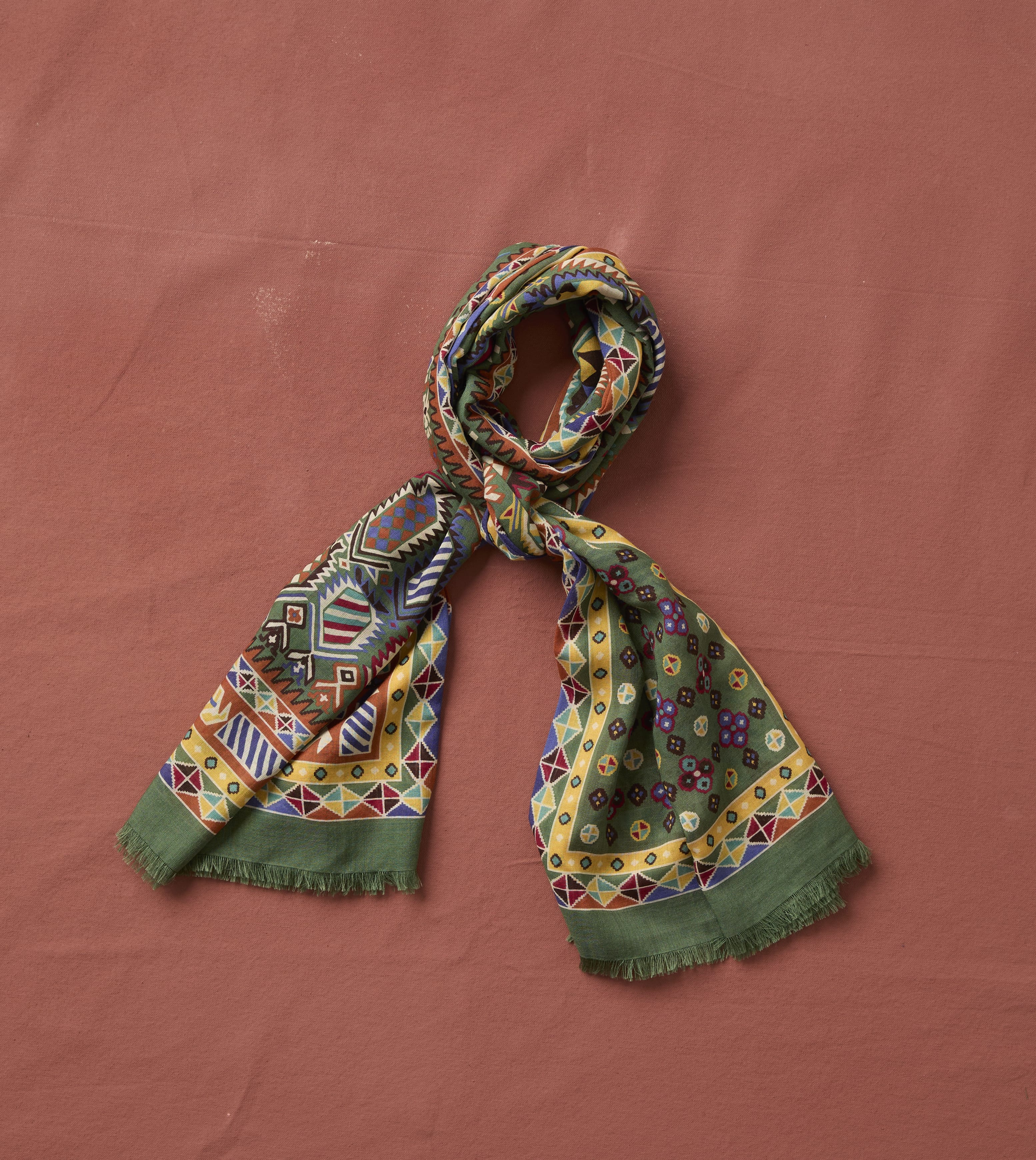 Olive Rug Print Tubular Wool-Silk Scarf