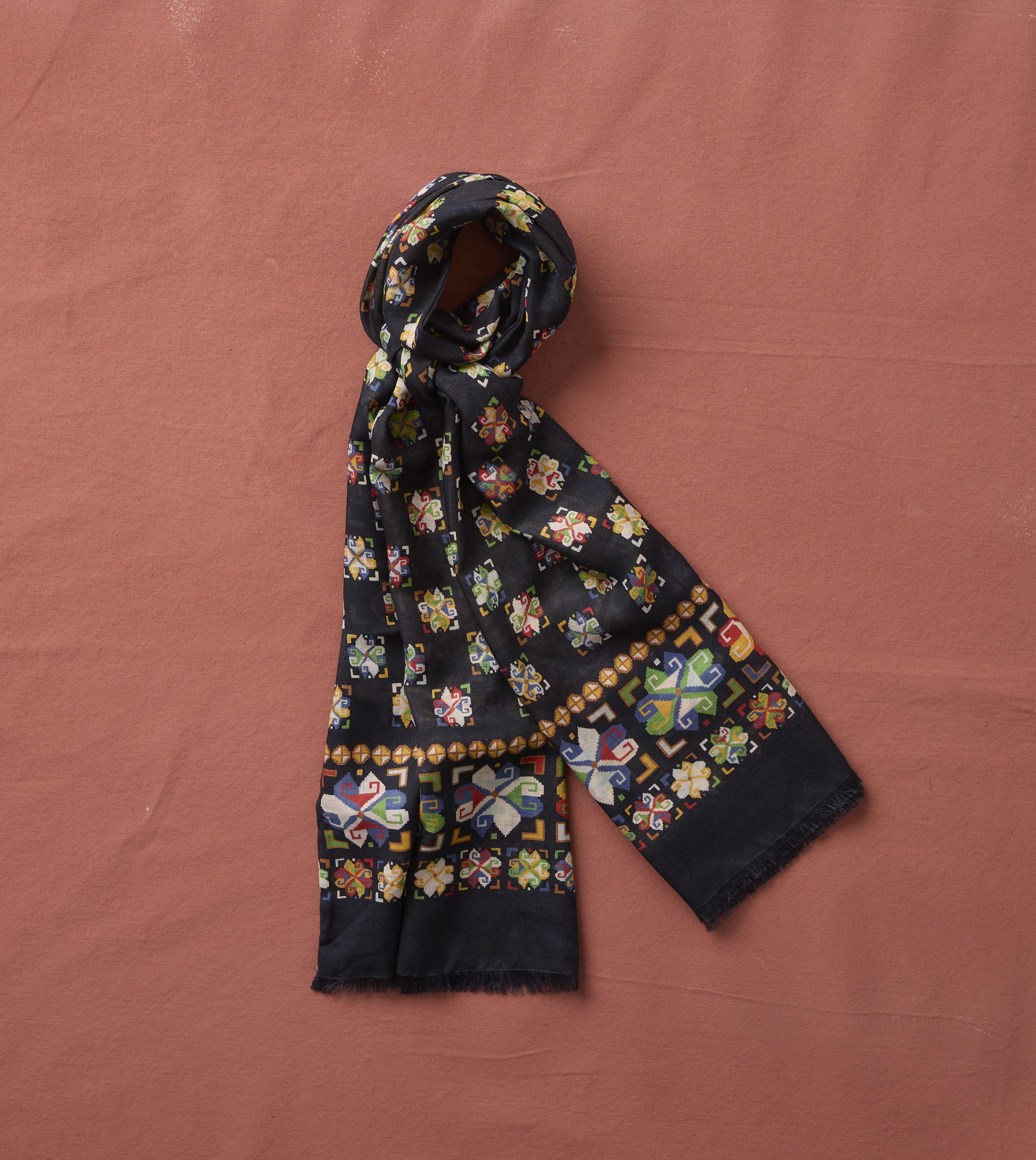Navy Carpet Print Tubular Wool-Silk Scarf