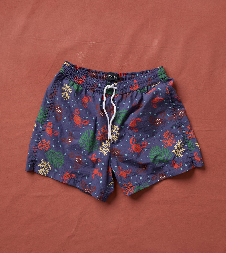 Crab Print Nylon Drawstring Swim Shorts