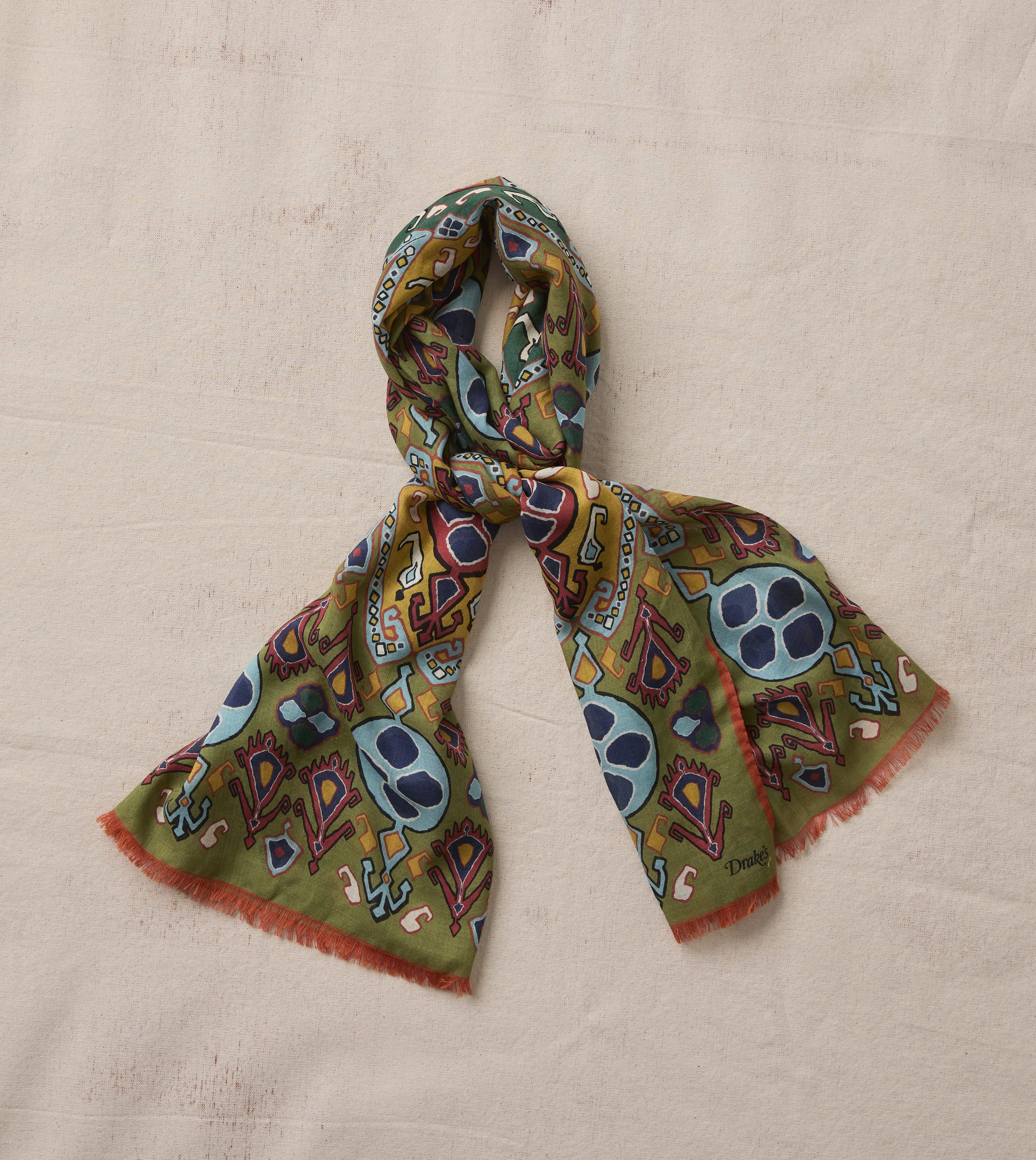 Olive Tapestry Print Wool Silk Scarf