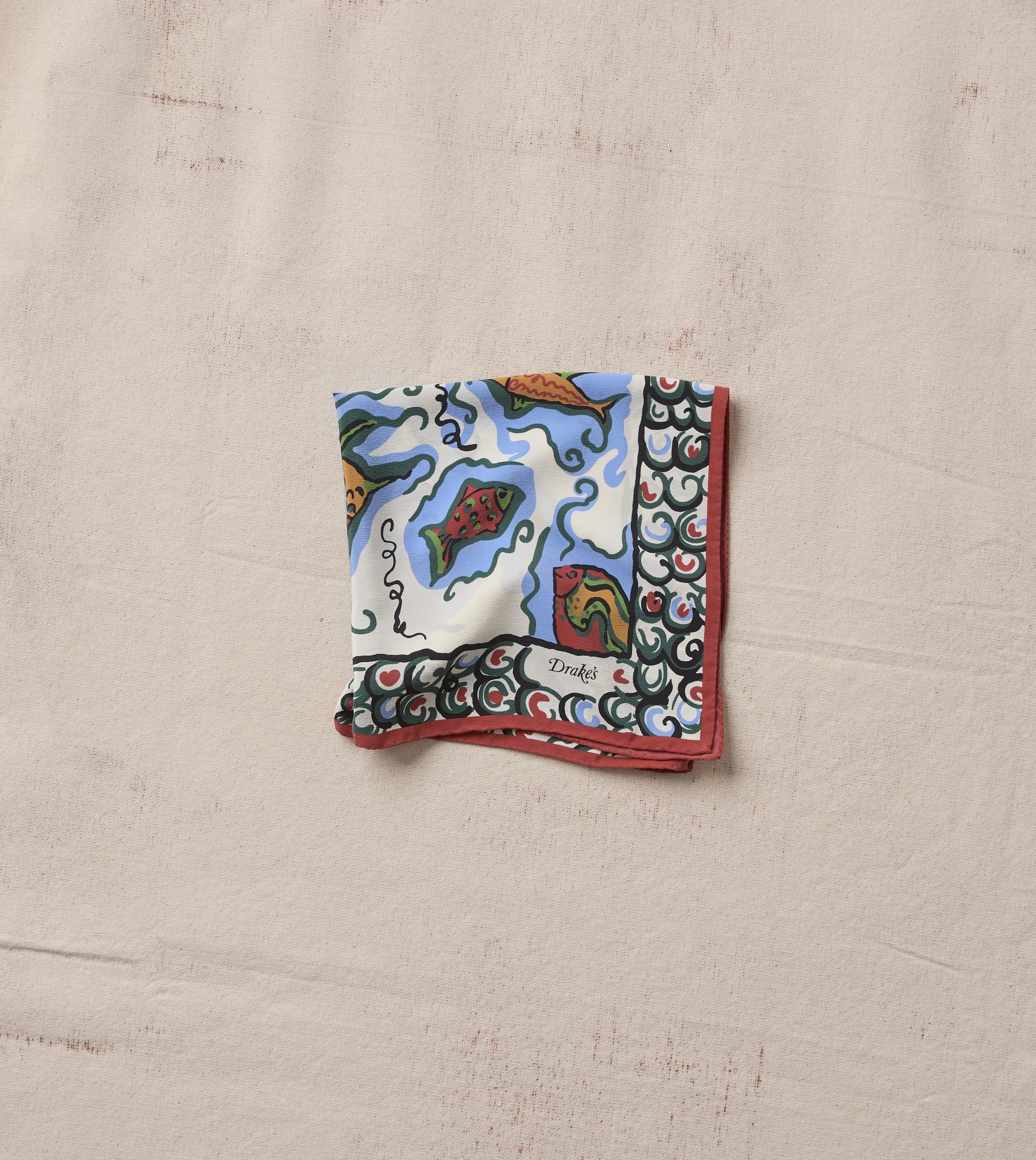 Ecru Fish Print Silk Pocket Square