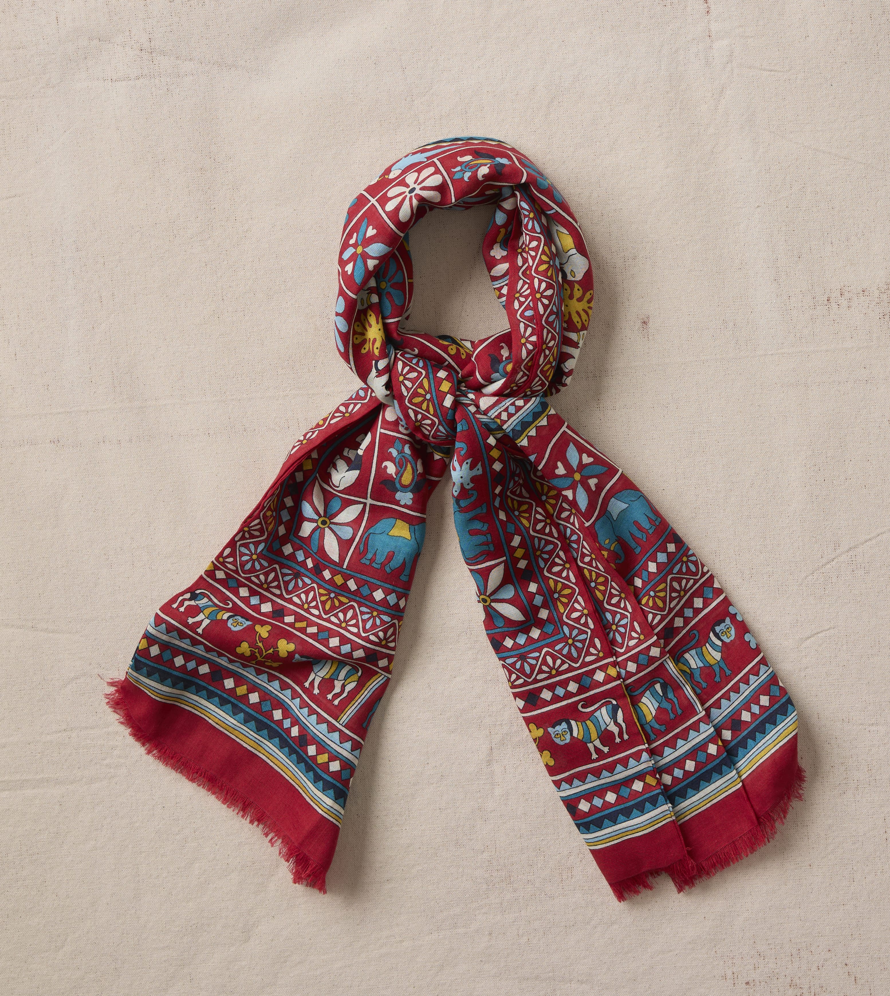 Red Elephants and Flowers Print Wool-Silk Scarf