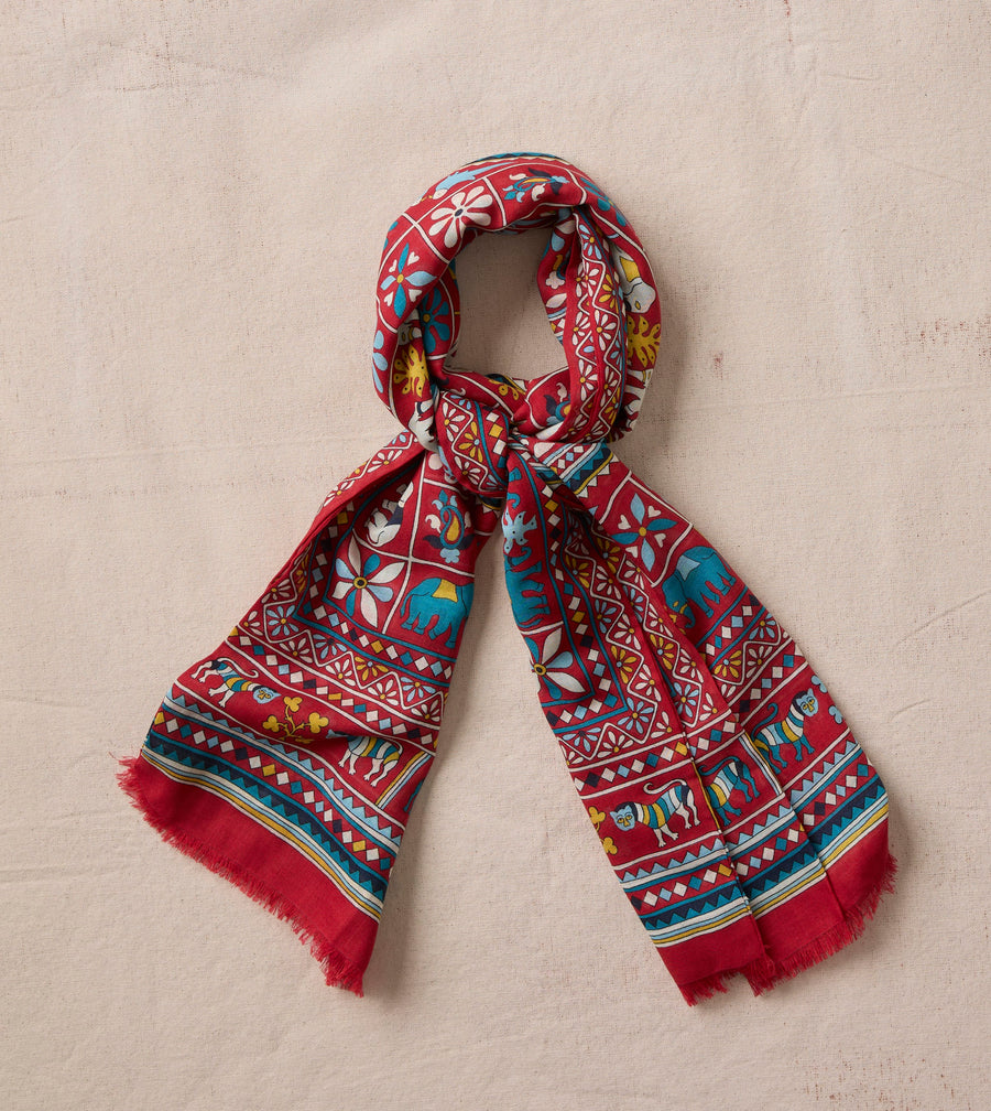 Red Elephants and Flowers Print Wool-Silk Scarf