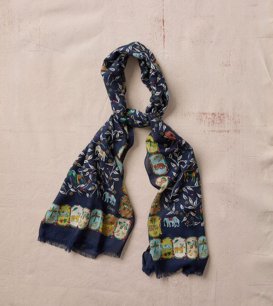 Navy Loose Animal Print Wool-Silk Scarf