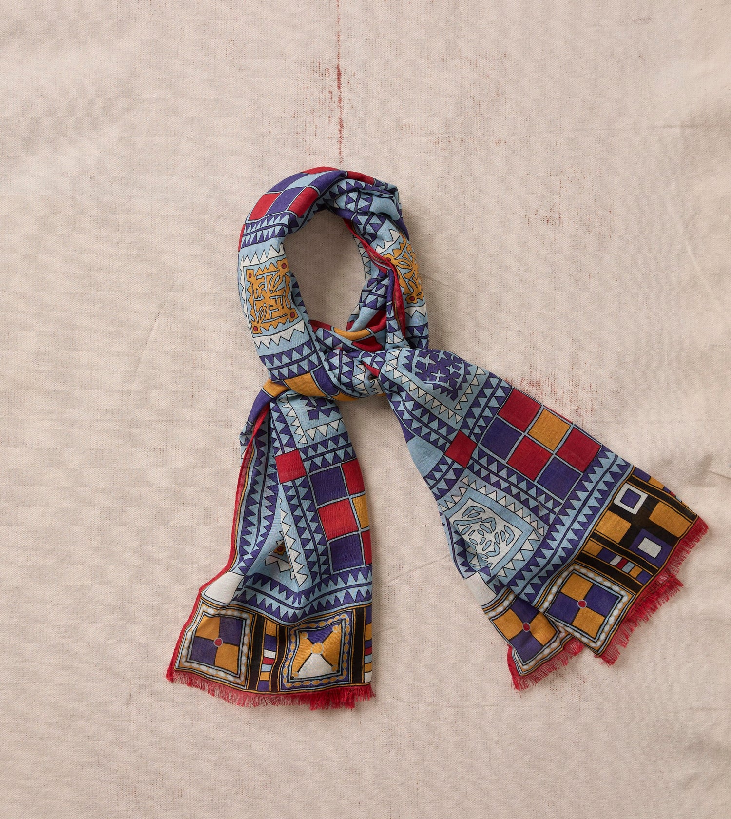 Blue Geometric Print Wool Silk Scarf