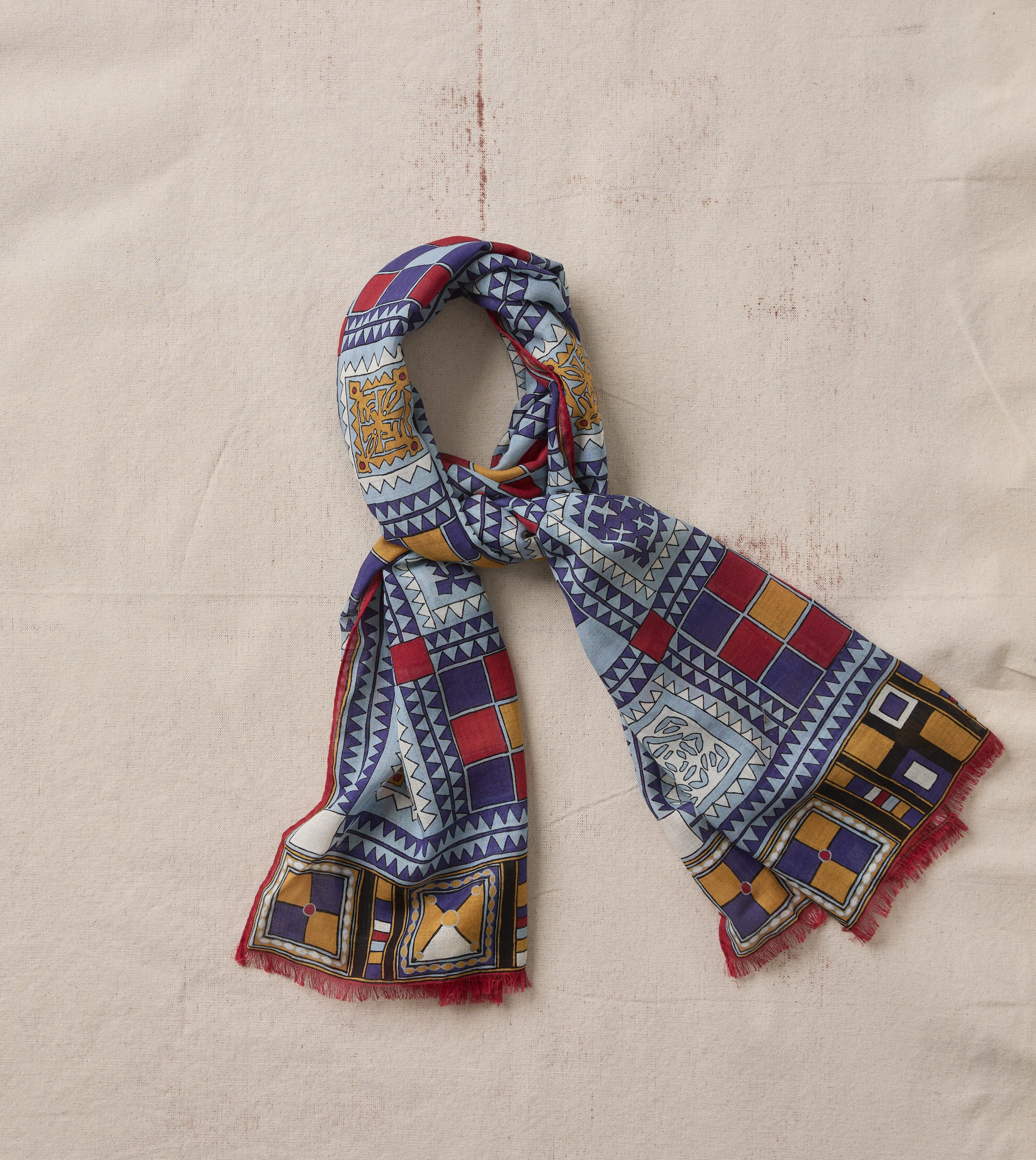 Blue Geometric Print Wool Silk Scarf