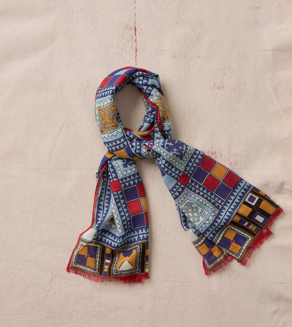 Blue Geometric Print Wool Silk Scarf