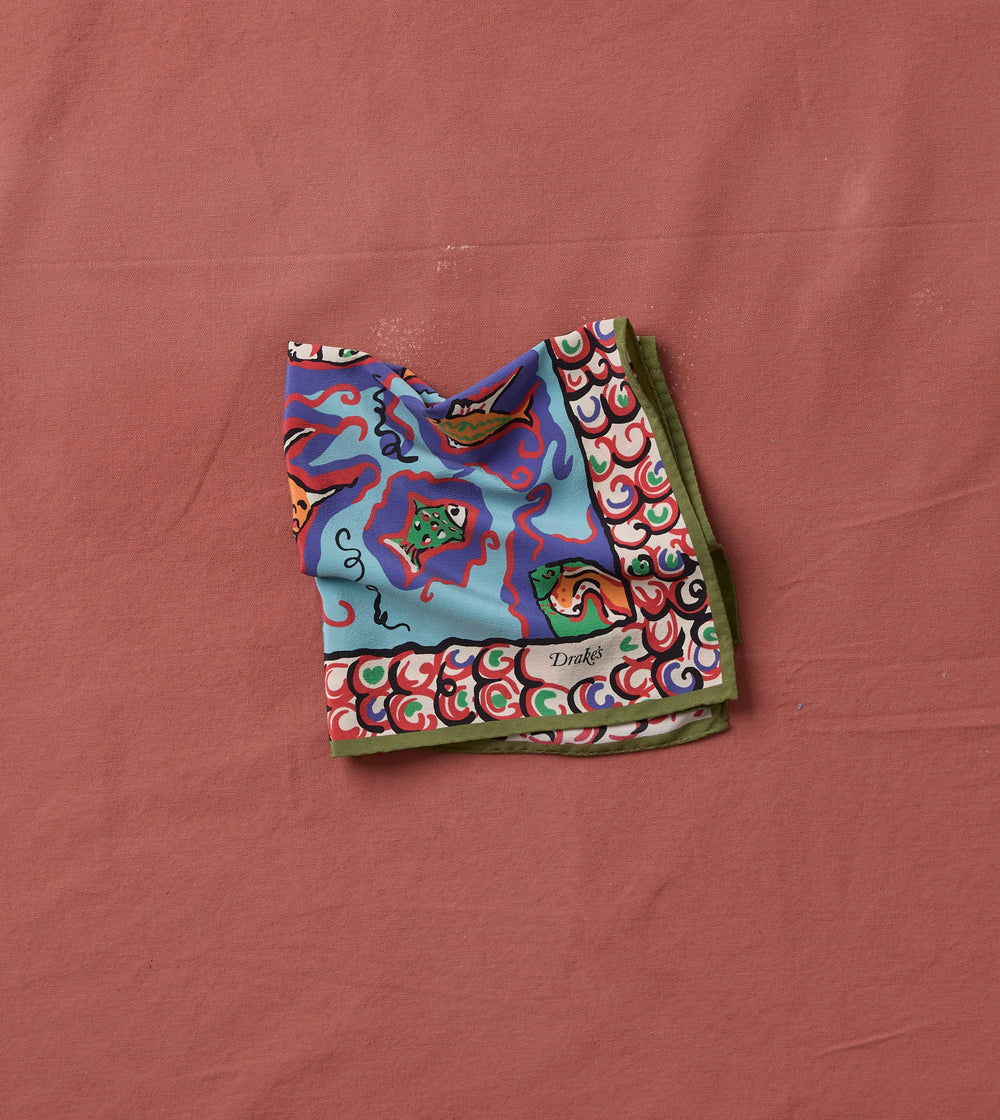 Teal Fish Print Silk Pocket Square