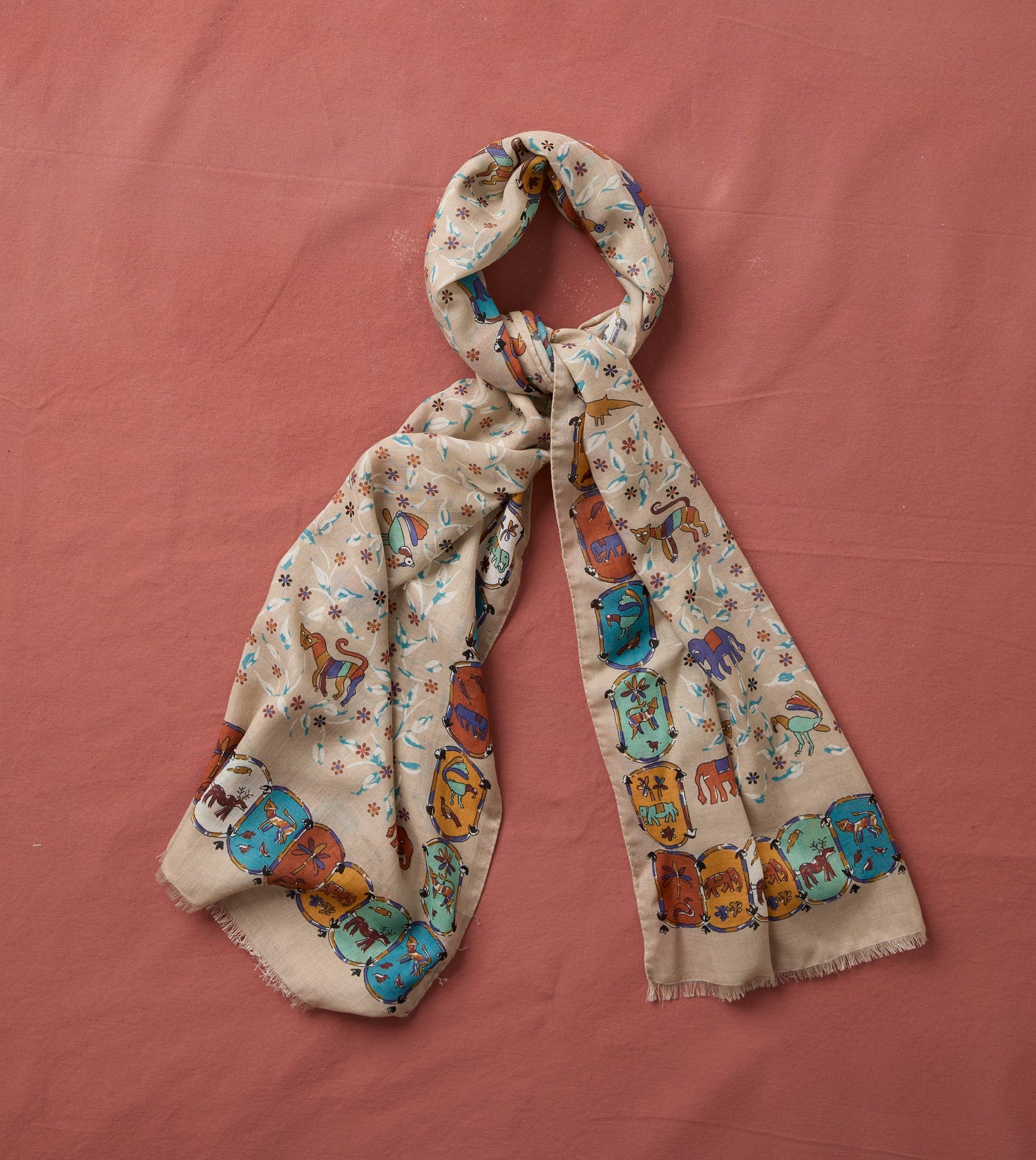 Ecru Loose Animal Print Wool-Silk Scarf