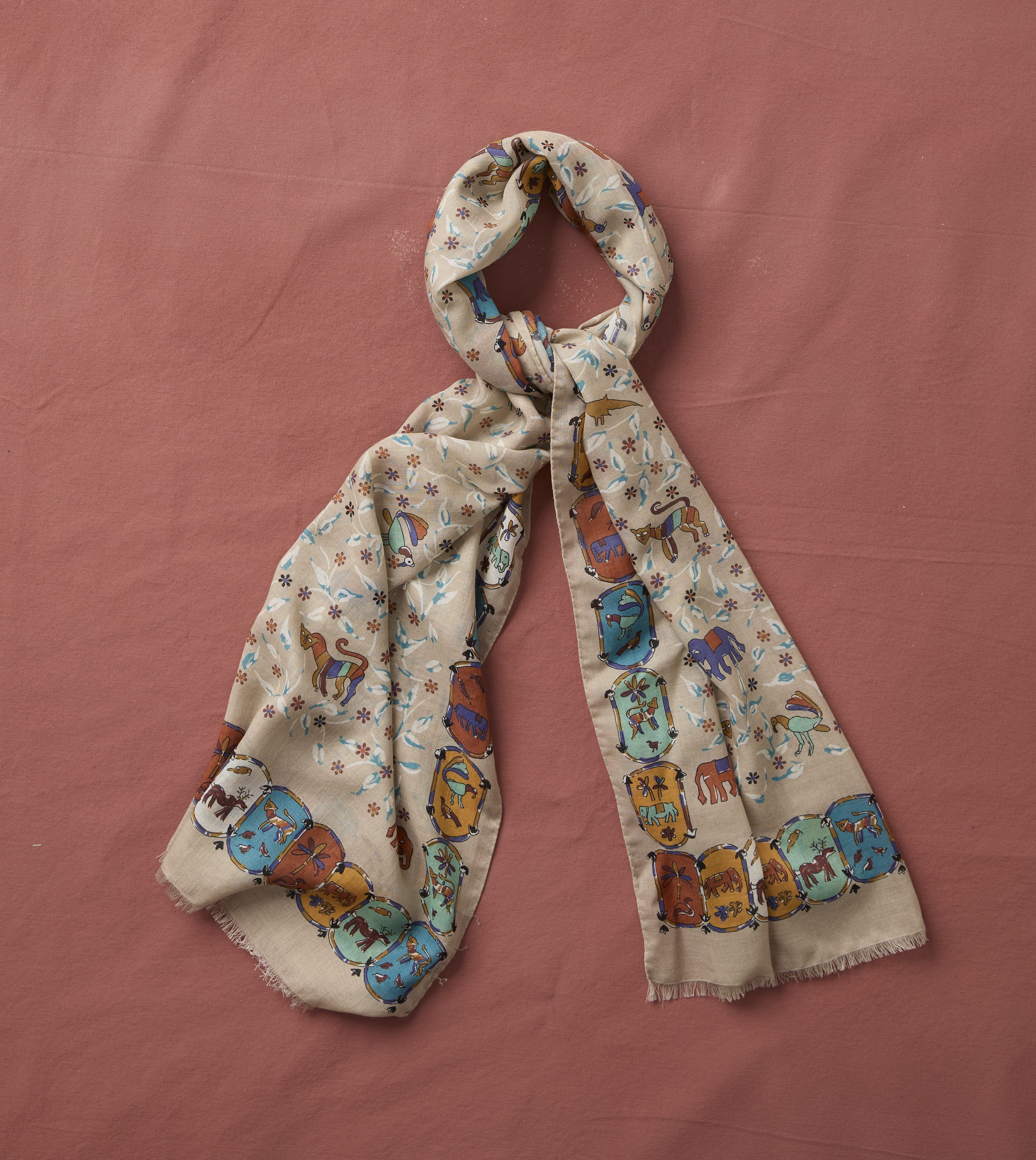 Ecru Loose Animal Print Wool-Silk Scarf