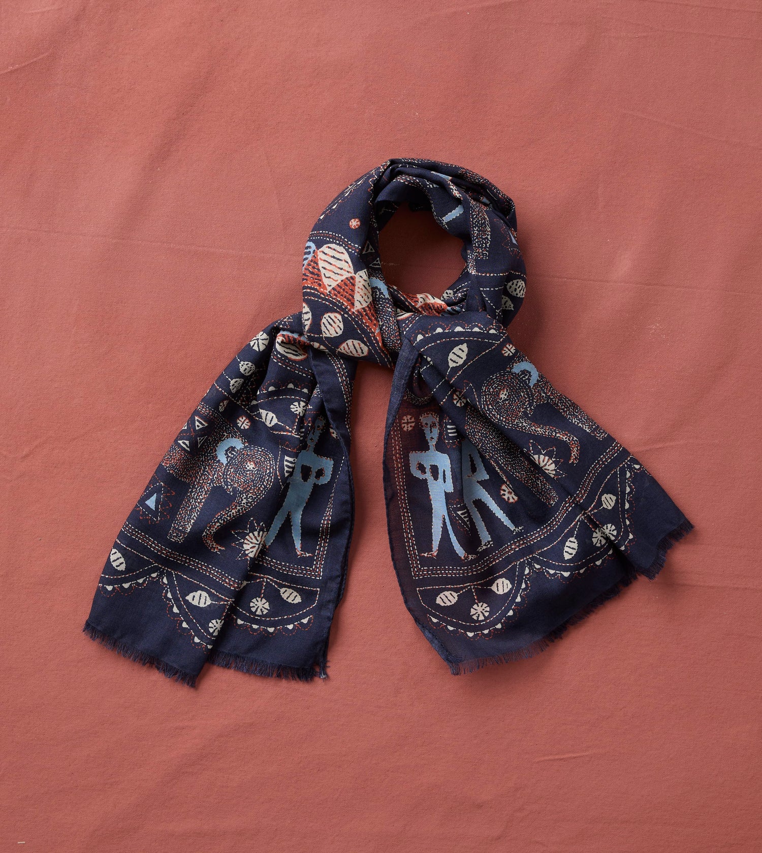 Navy Embroidered Elephant Print Wool Silk Scarf