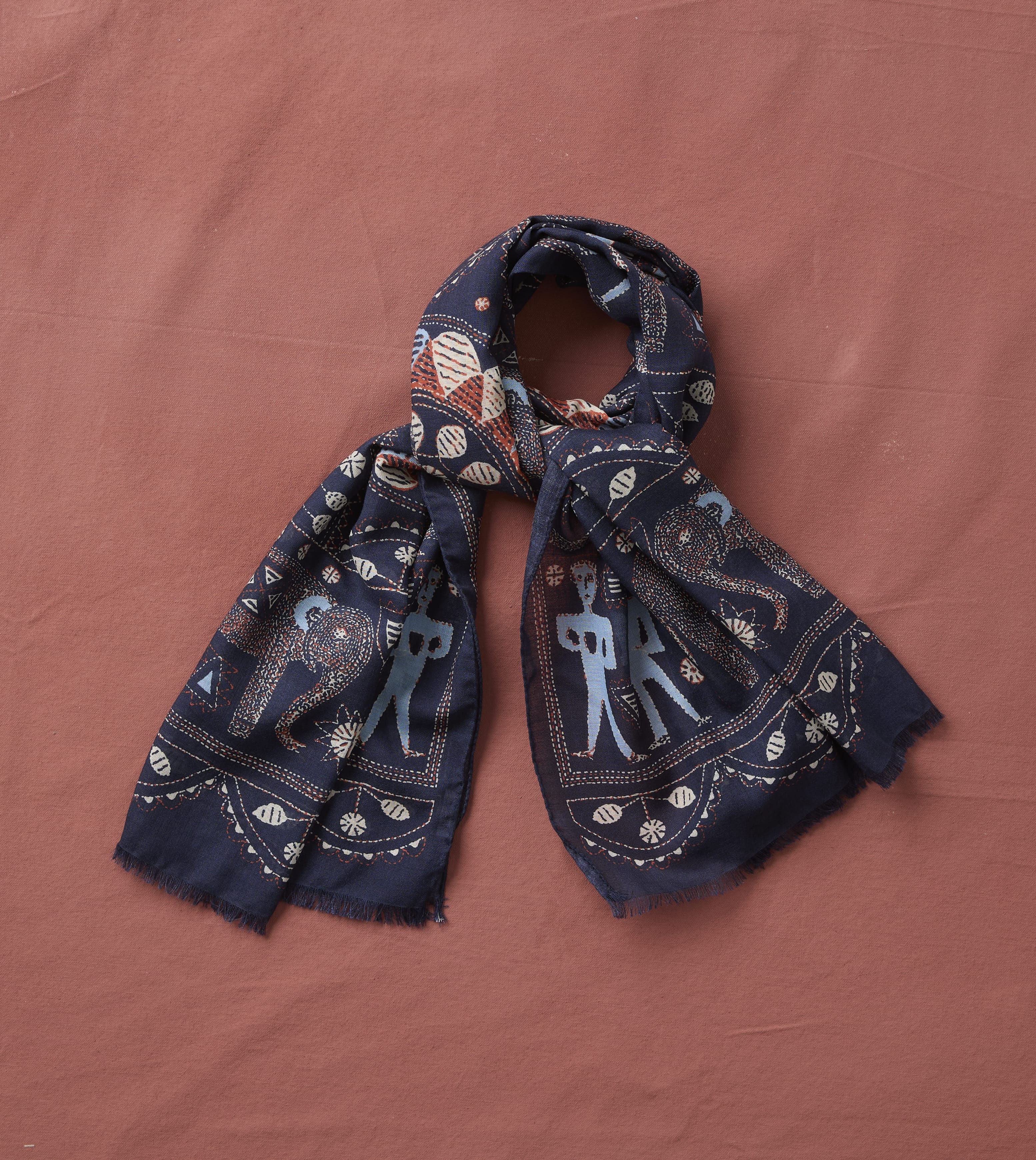 Navy Embroidered Elephant Print Wool Silk Scarf