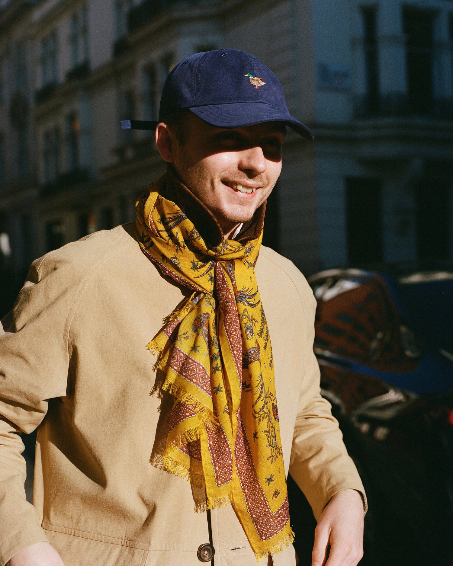 Yellow Birds of Paradise Print Wool Silk Scarf