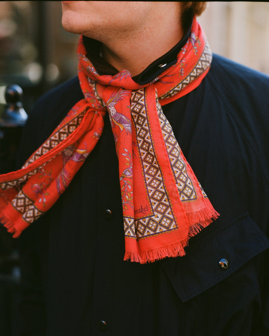 Red Birds of Paradise Print Wool Silk Scarf