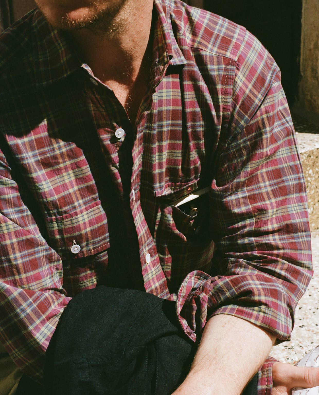 Plum Madras Check Cotton Two-Pocket Work Shirt