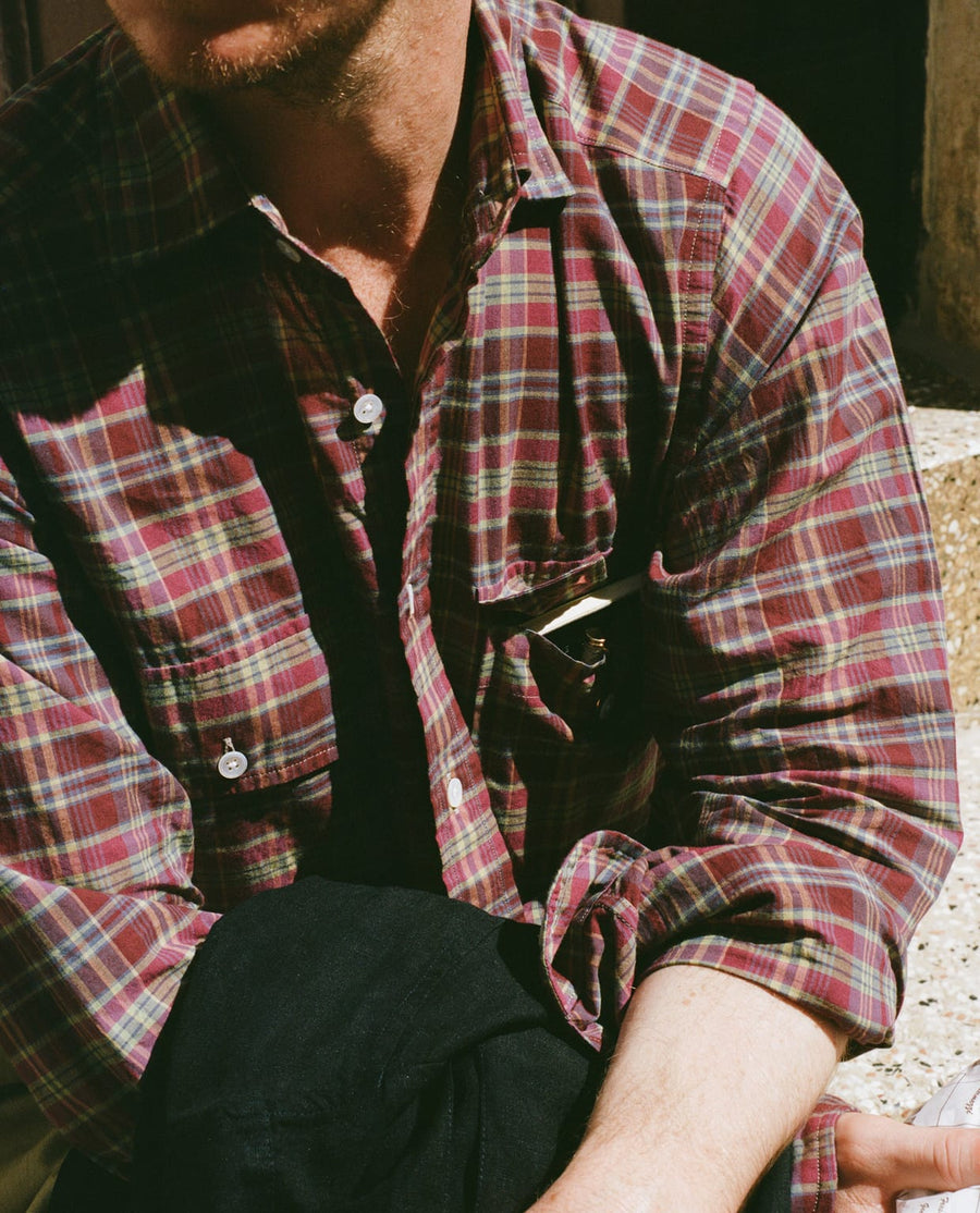 Plum Madras Check Cotton Two-Pocket Work Shirt