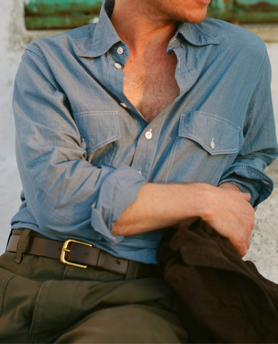 Light Indigo Cotton-Linen Popover Work Shirt