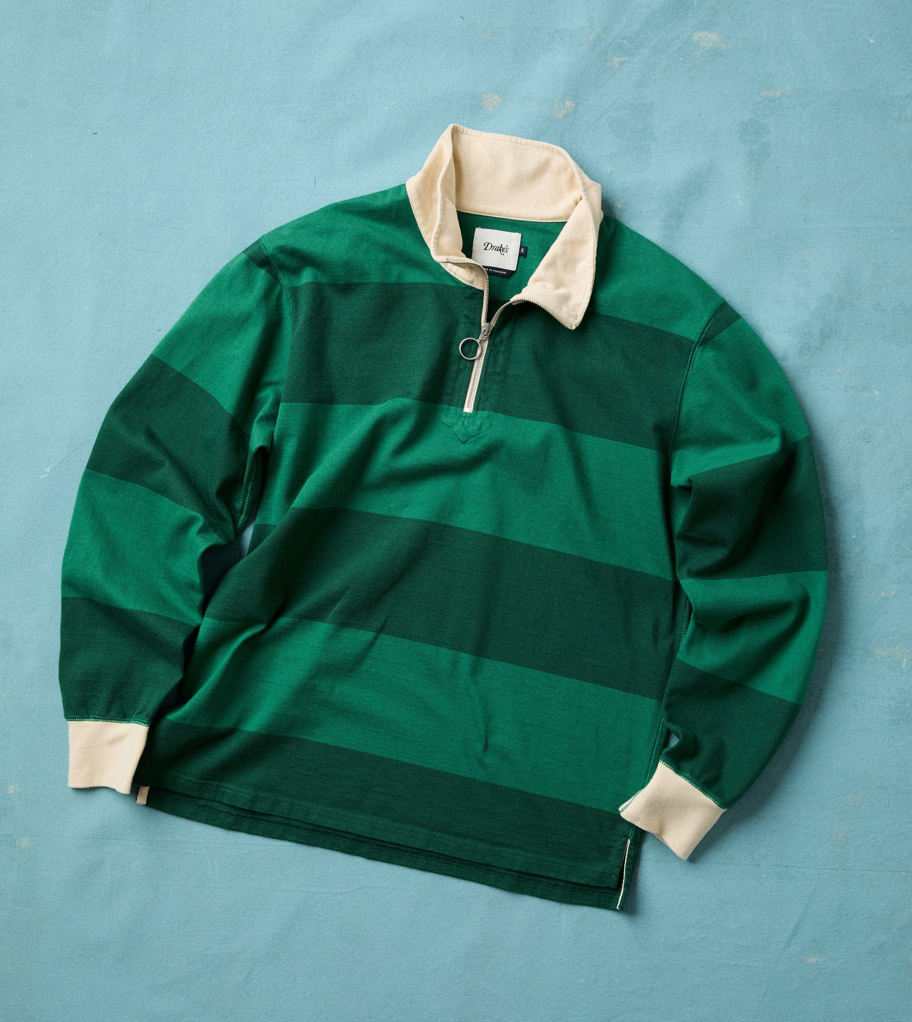 Green Block Stripe Cotton Quarter Zip Rugby Shirt – Drakes