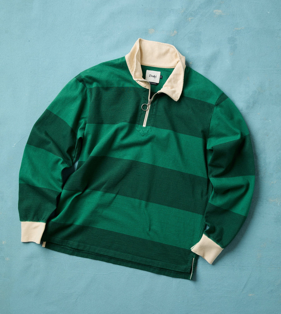 Green Block Stripe Cotton Quarter Zip Rugby Shirt