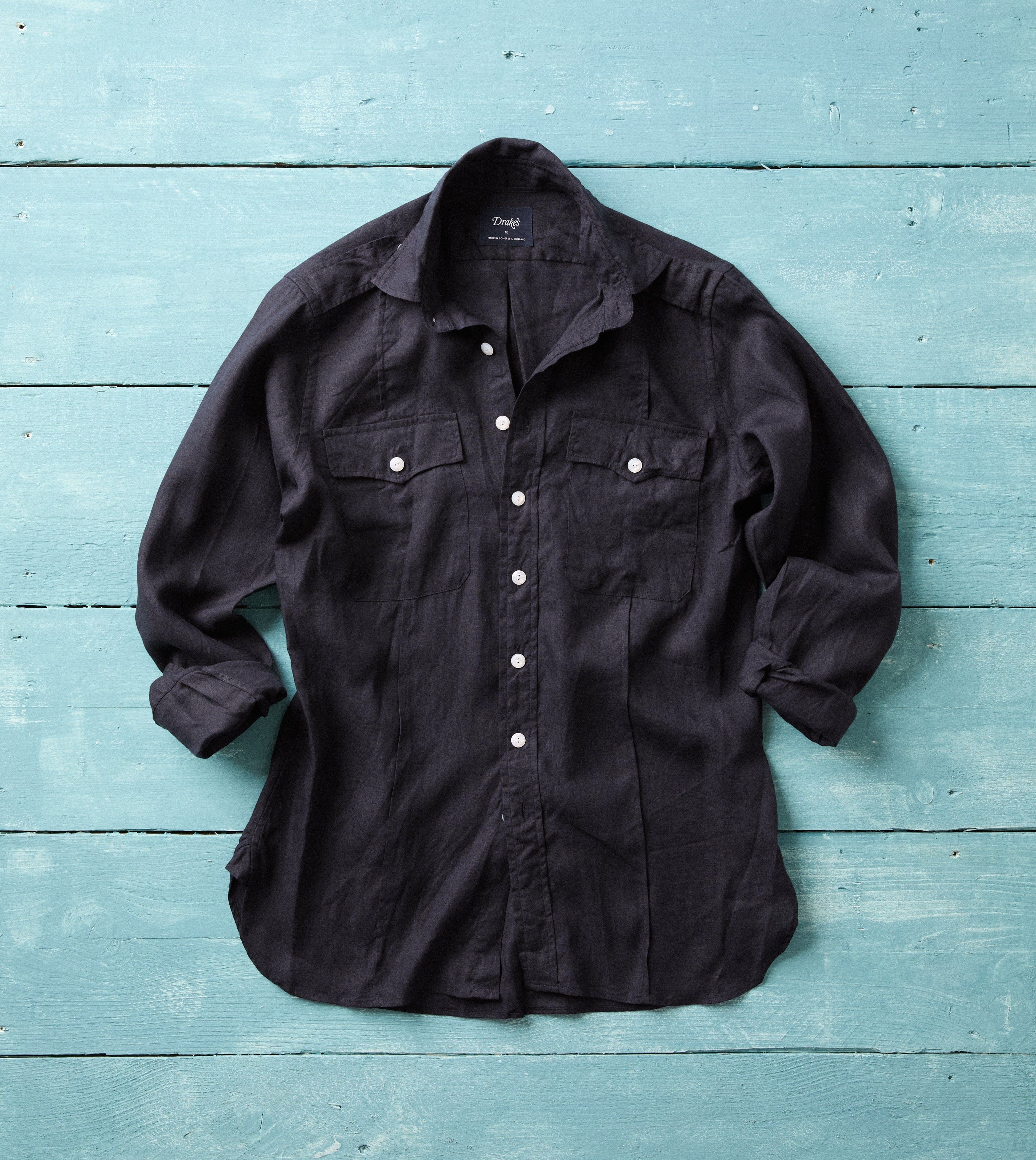 Navy Linen Pintuck Military Shirt