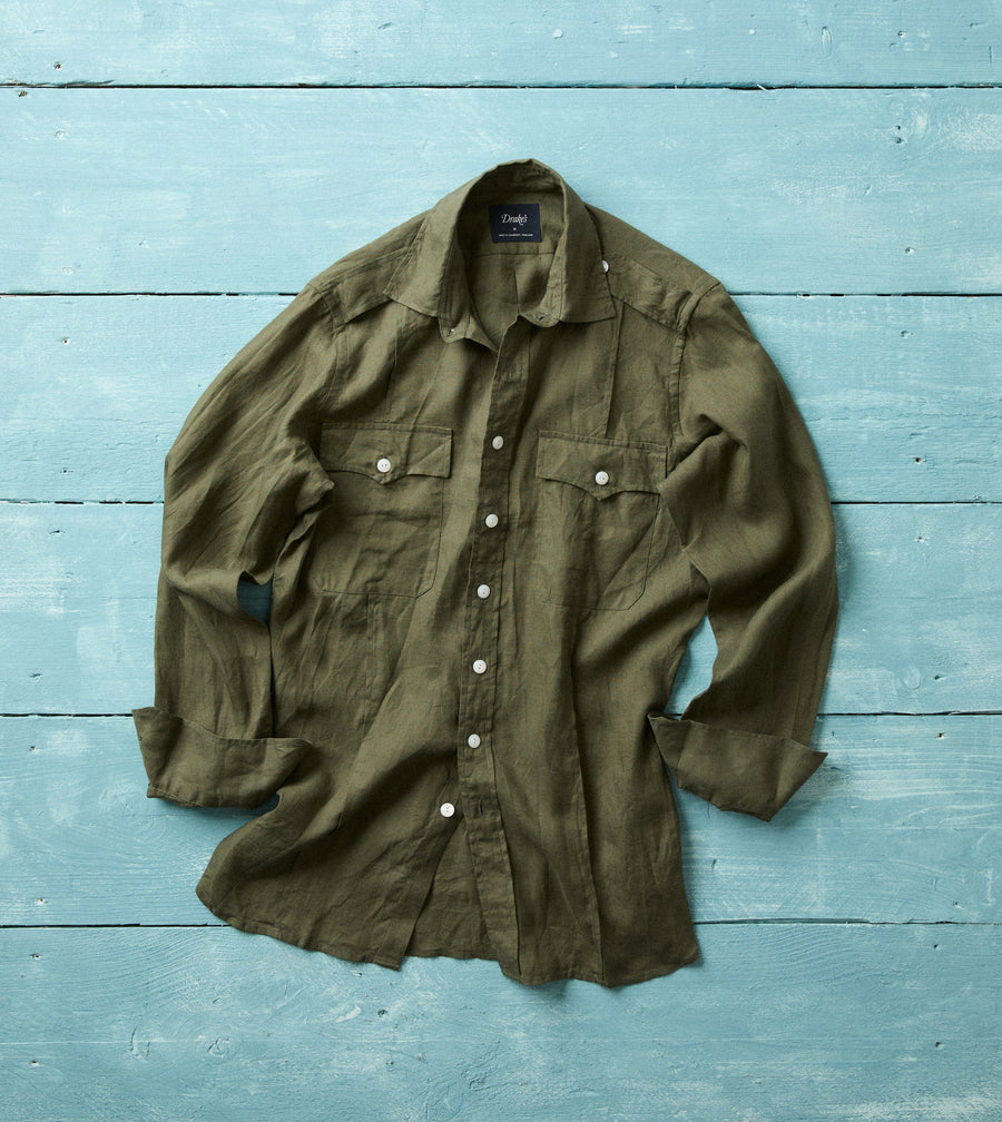 Khaki Linen Pintuck Military Shirt