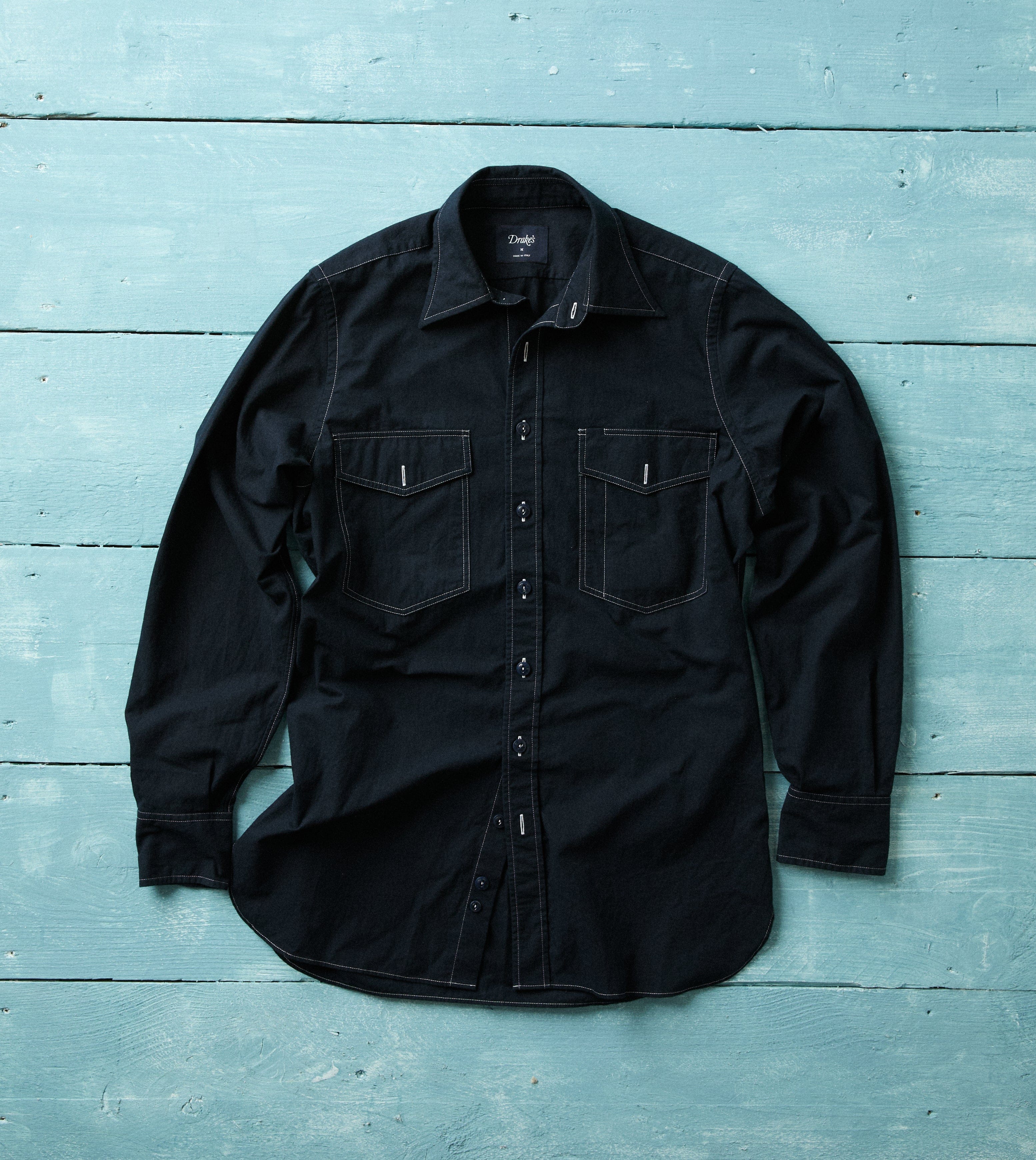 Navy Contrast Stitch Cotton-Linen Two-Pocket Work Shirt