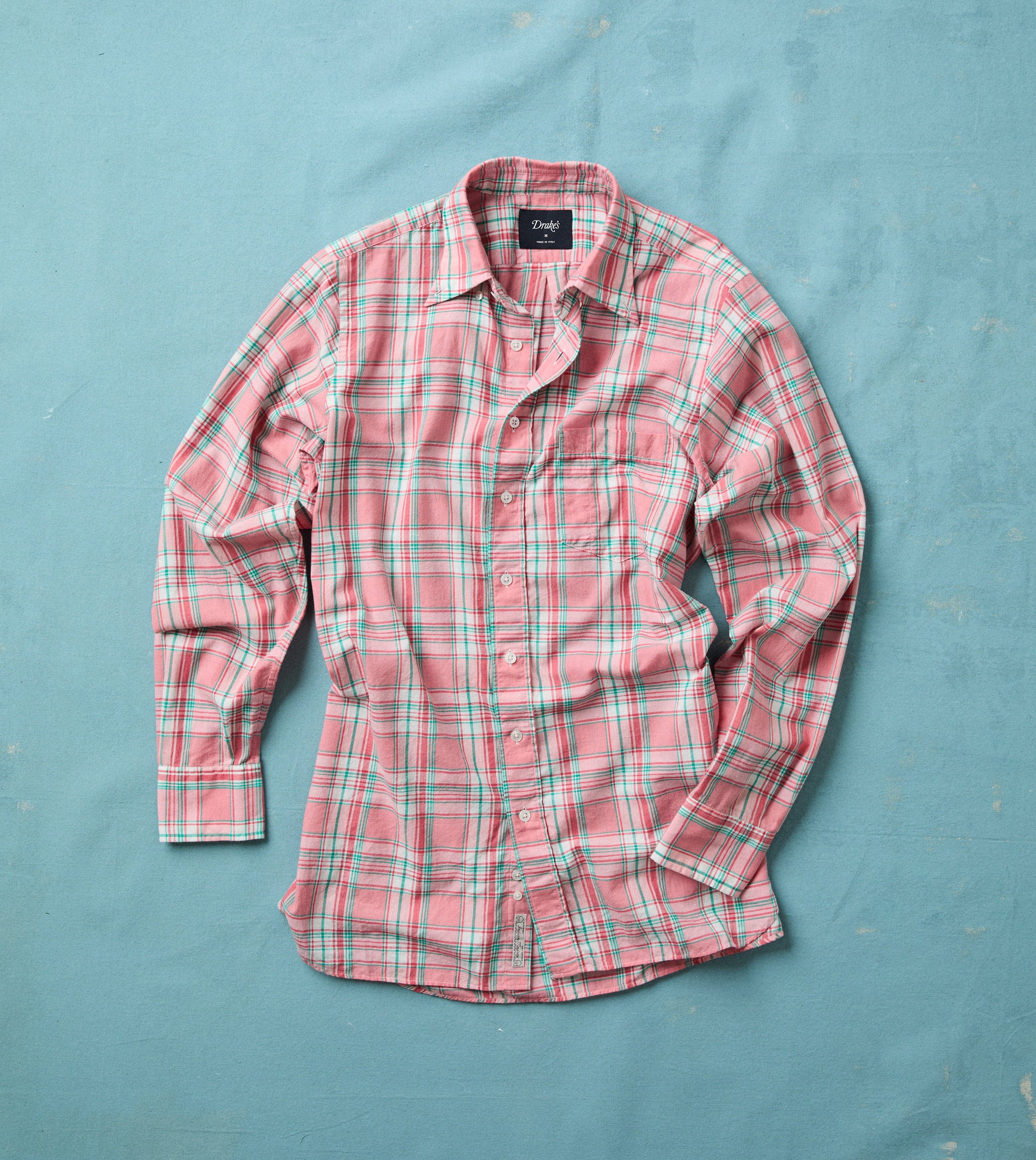 Pink and Green Madras Check Cotton Button-Down Shirt