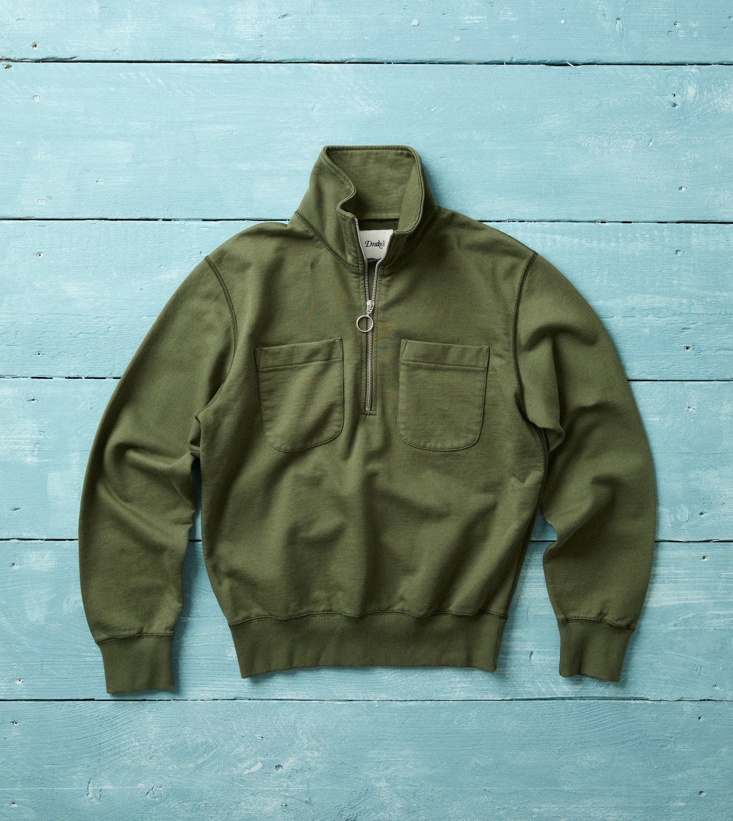 Khaki Green Cotton Quarter Zip Collared Sweatshirt