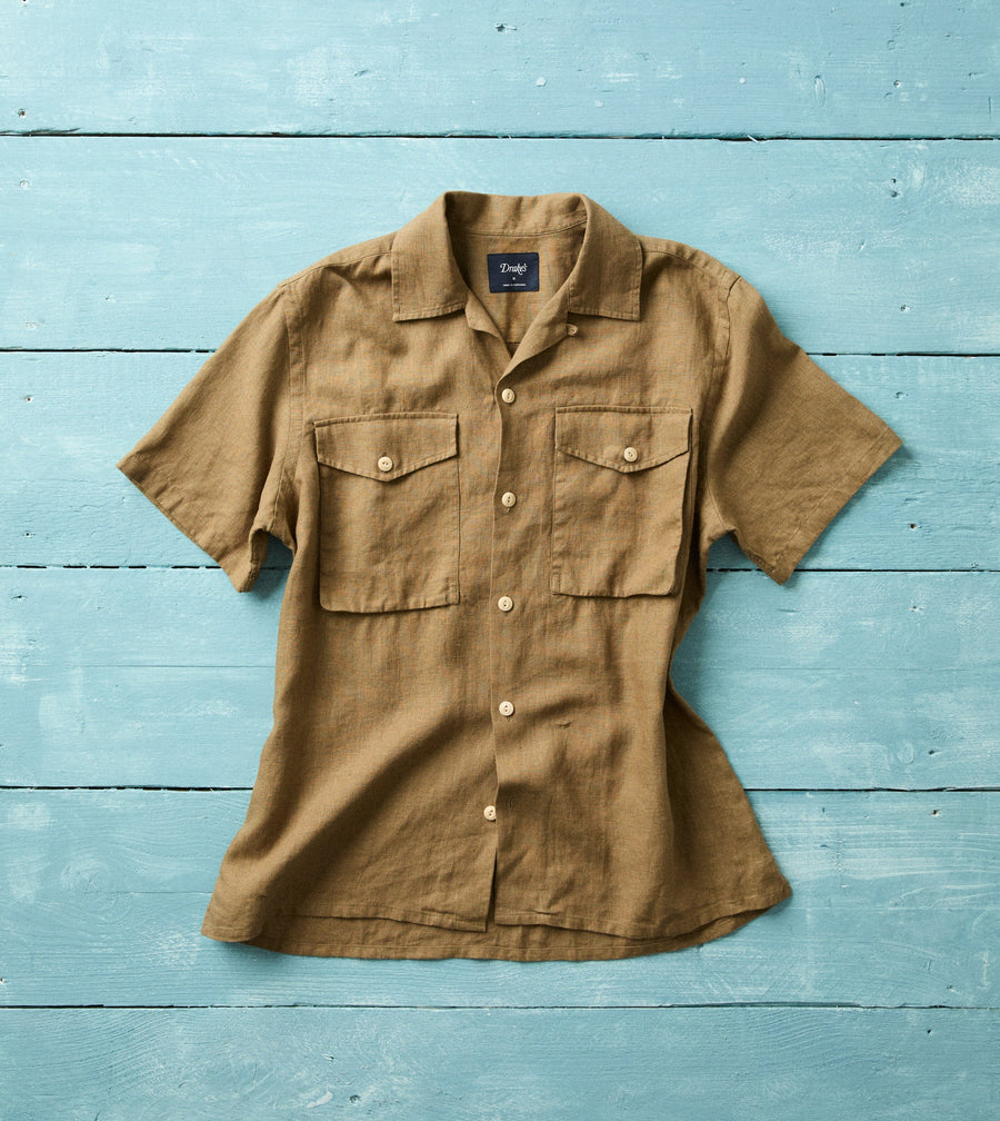 Khaki Linen Short Sleeve Camp Collar Military Shirt