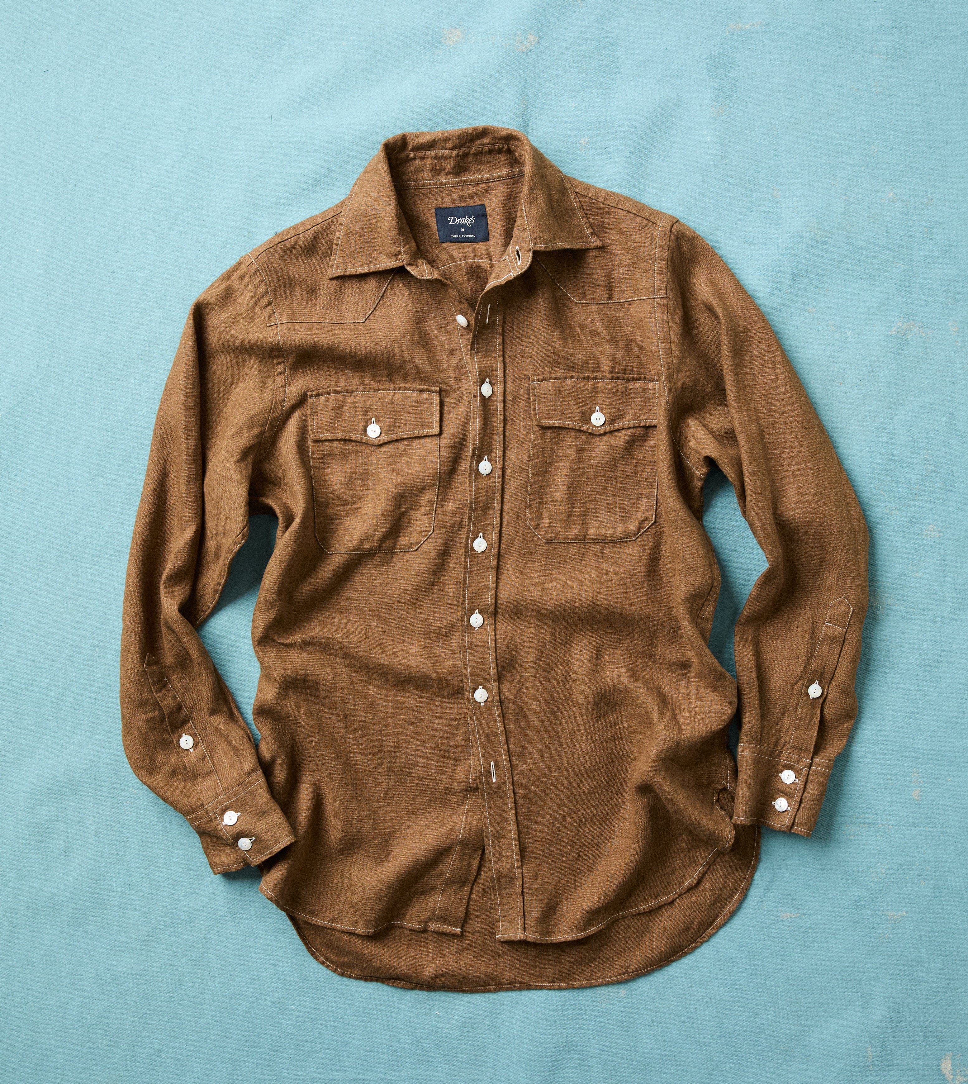 Brown Linen Two-Pocket Western Shirt – Drakes
