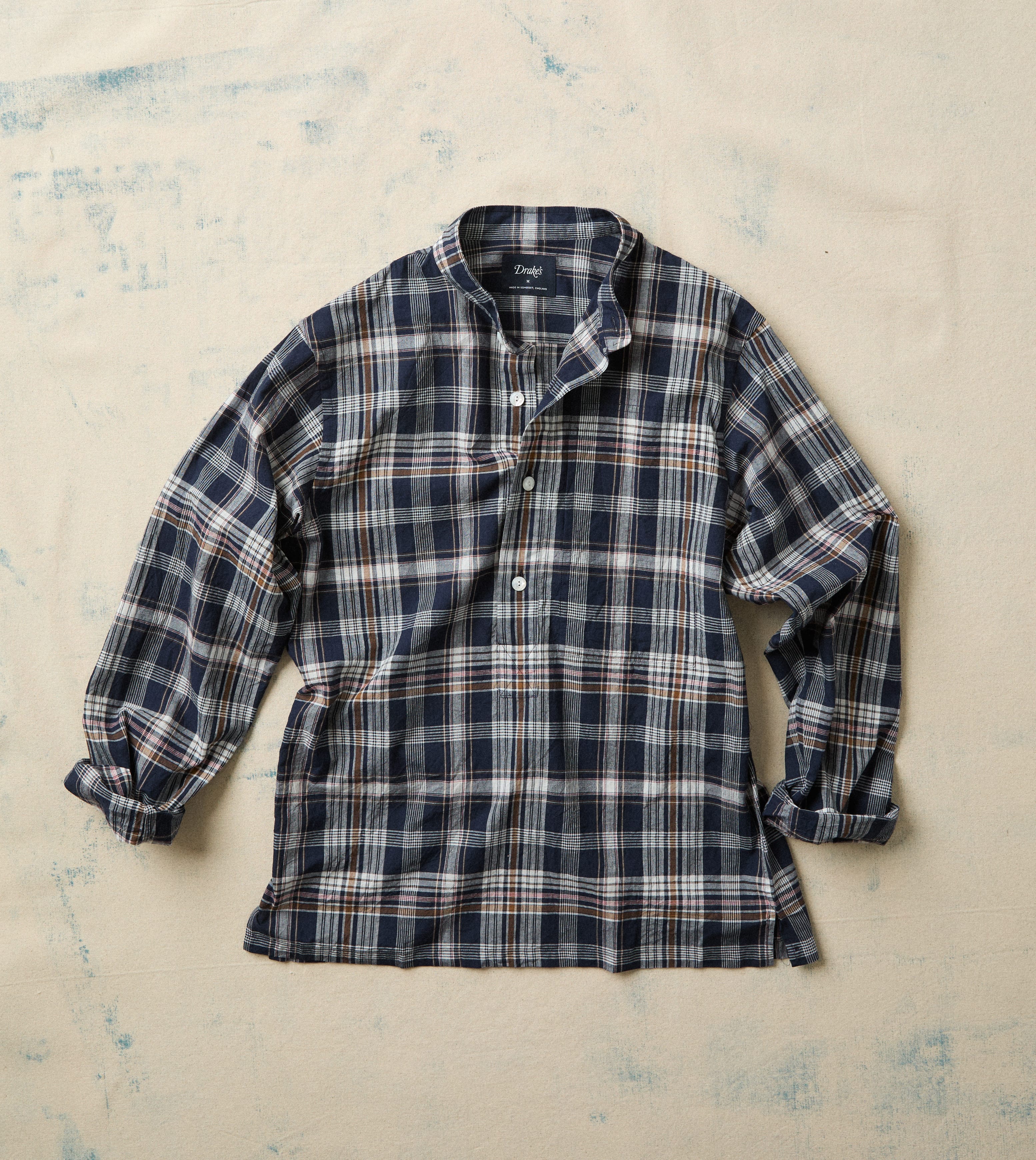 Navy, White and Yellow Madras Check Cotton Mandarin Collar Popover