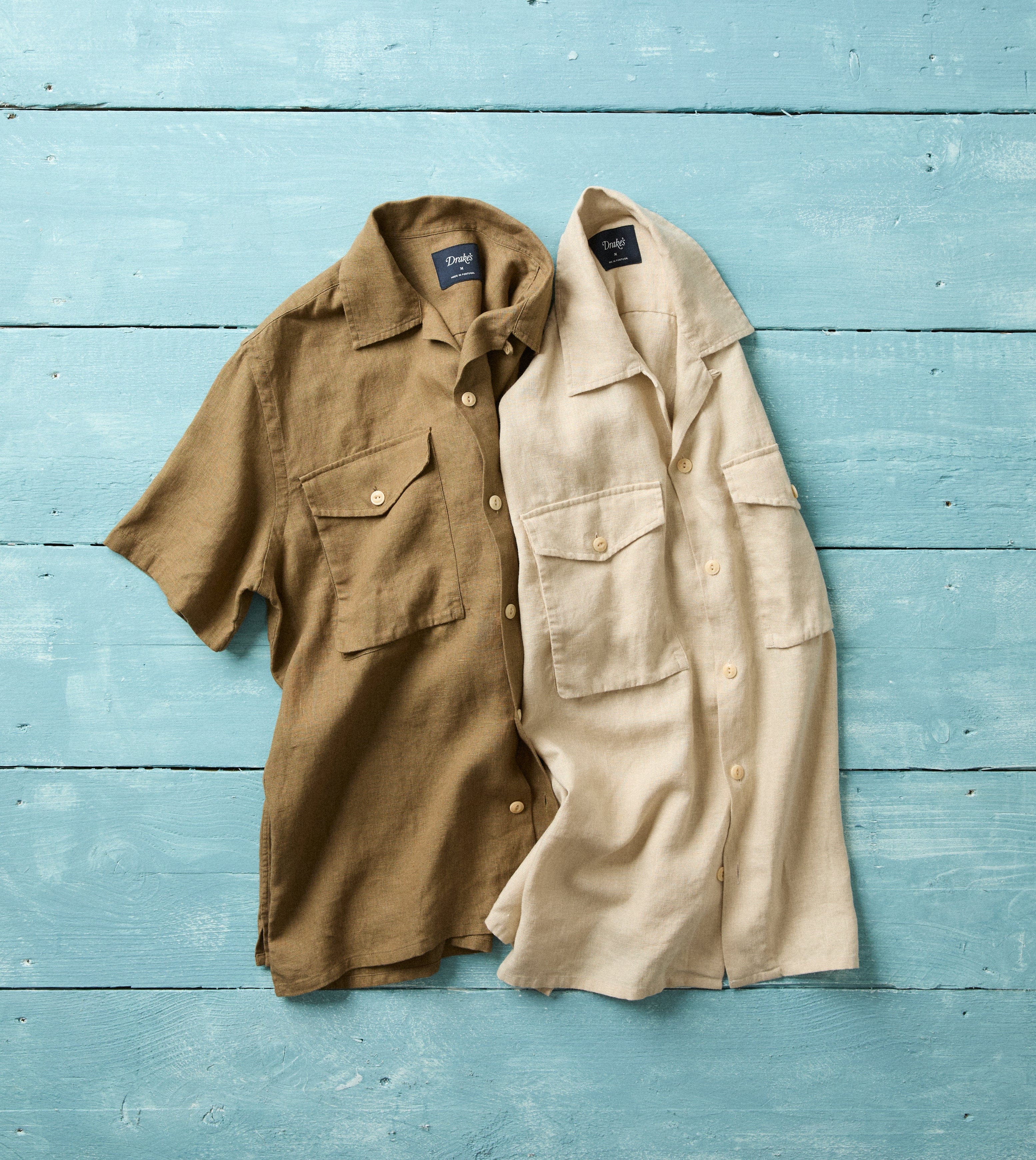 Ecru Linen Short Sleeve Camp Collar Military Shirt – Drakes