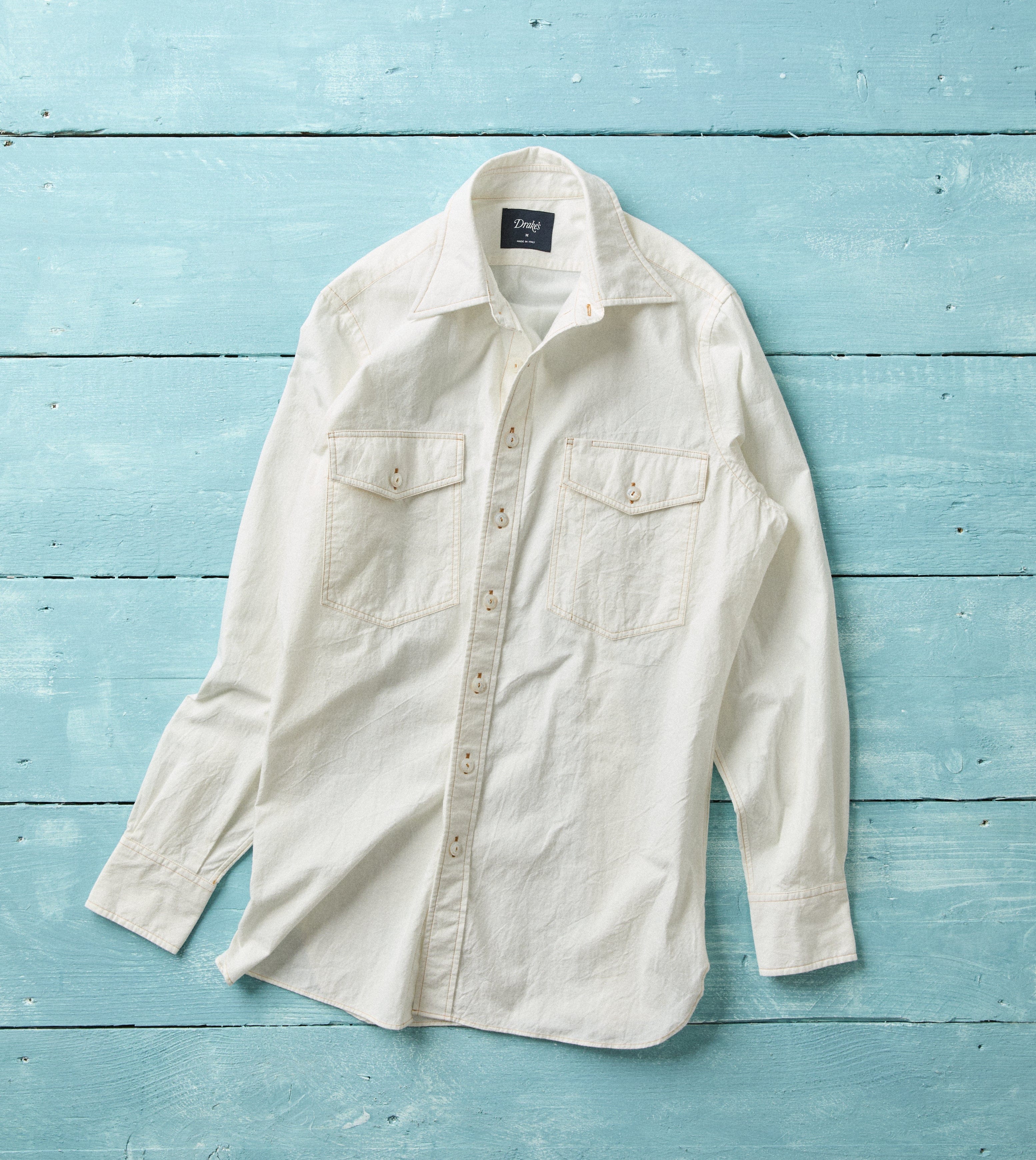White Cotton-Linen Two-Pocket Work Shirt