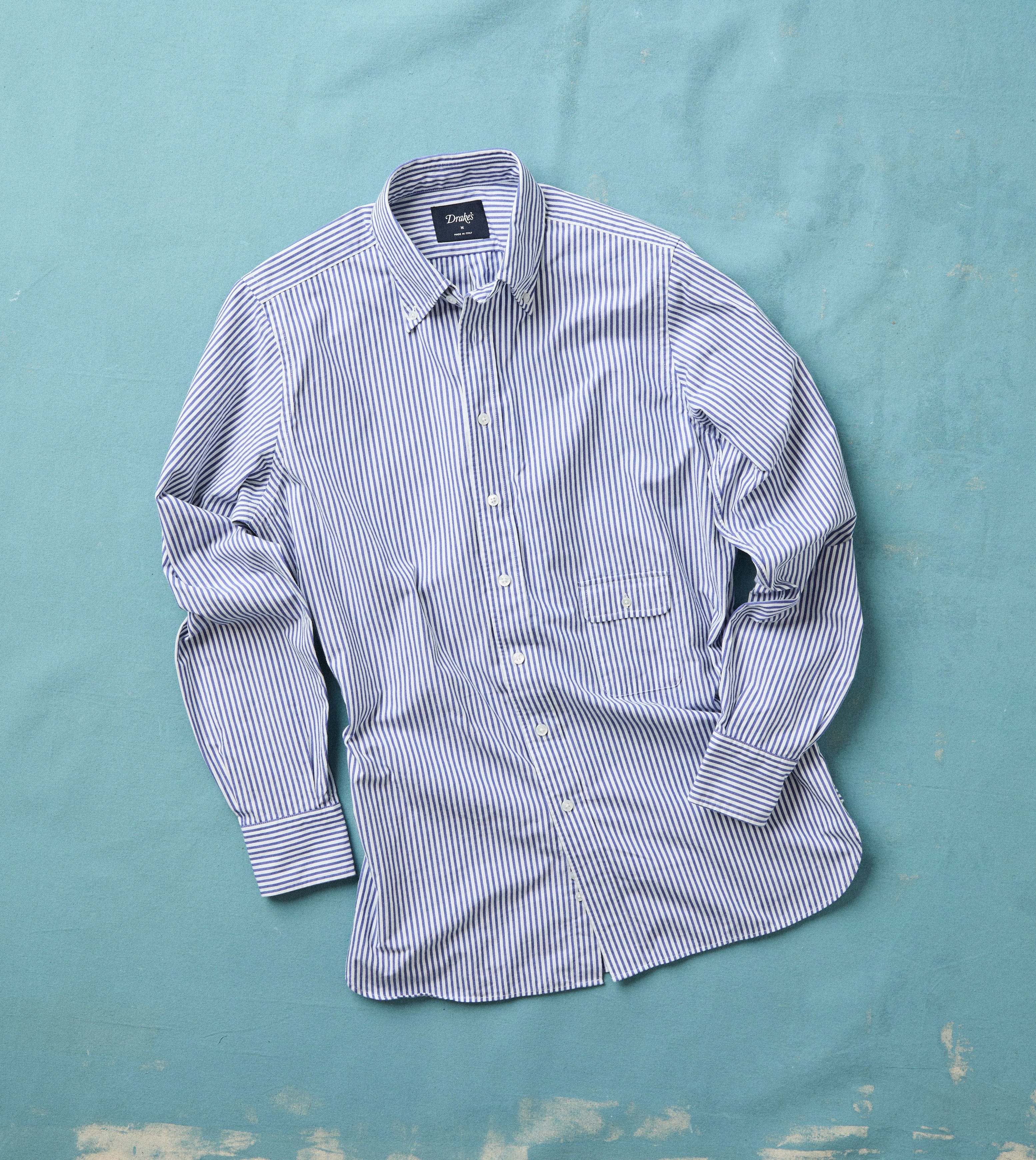 Blue and White Stripe Button-Down Collar Fob Pocket Shirt