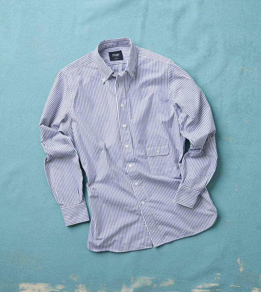 Blue and White Stripe Button-Down Collar Fob Pocket Shirt