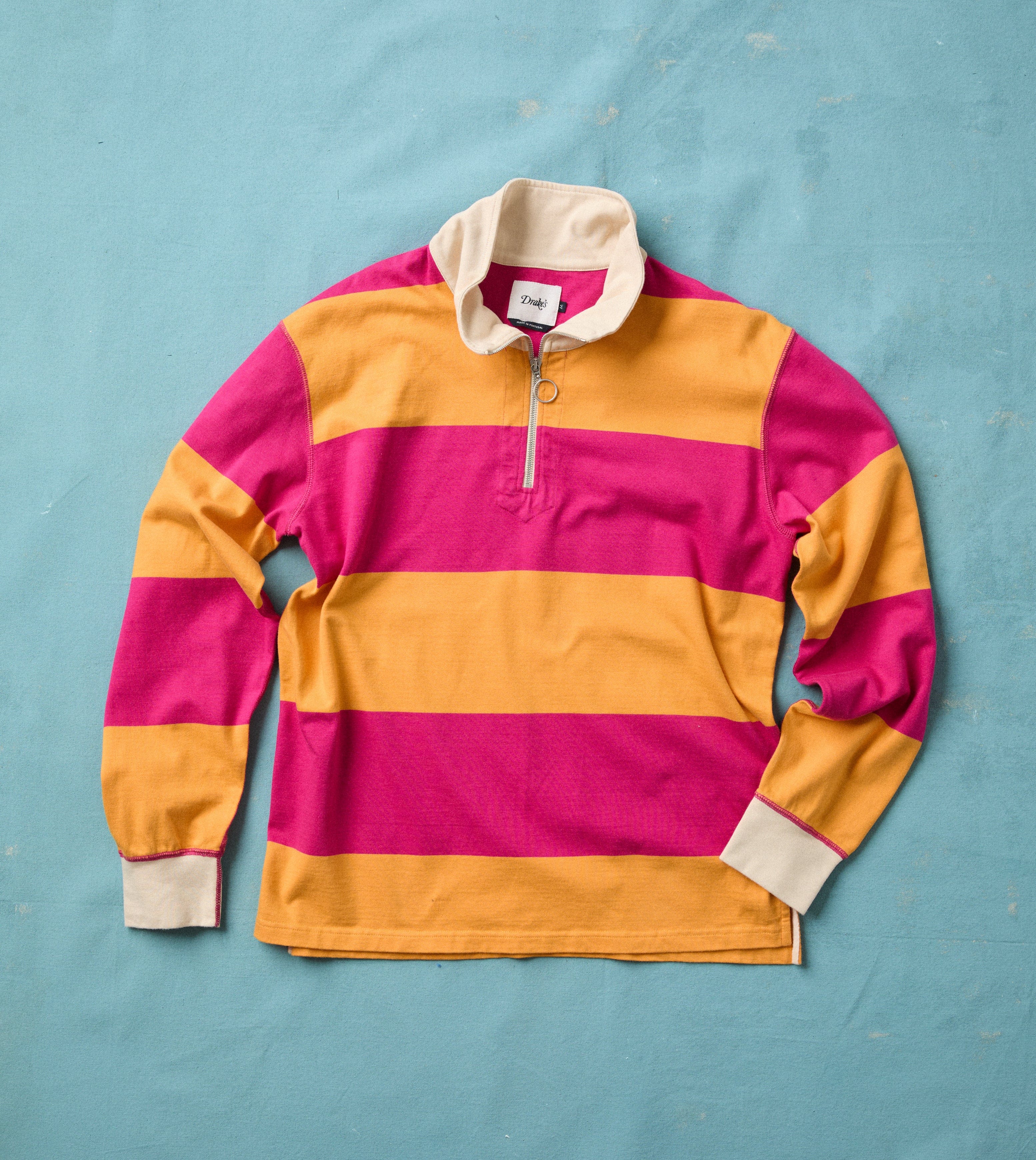 Pink and Orange Block Stripe Cotton Quarter Zip Rugby Shirt