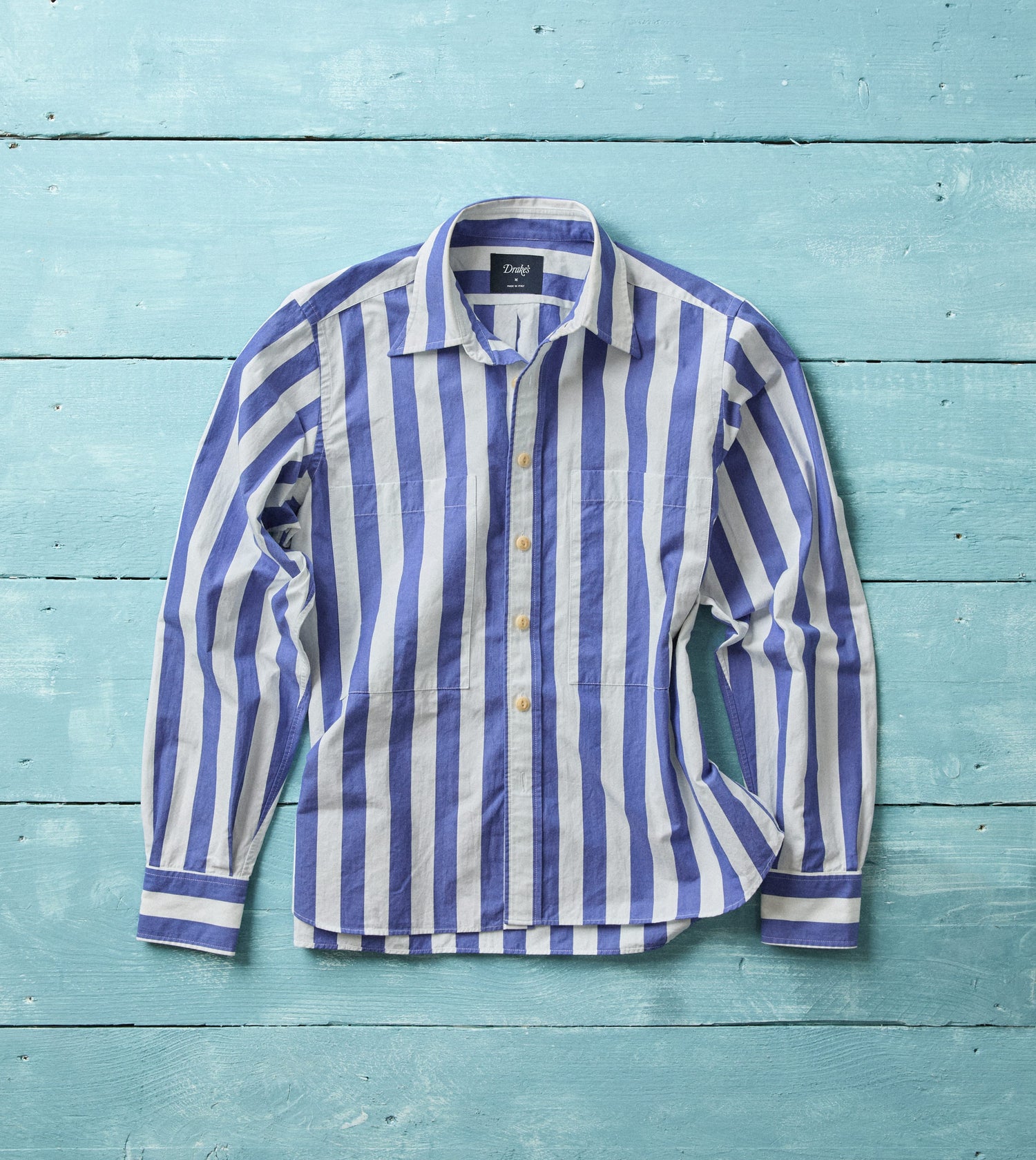 Blue and White Awning Stripe Cotton Long Point Collar Shirt