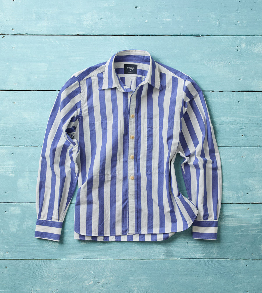 Blue and White Awning Stripe Cotton Long Point Collar Shirt