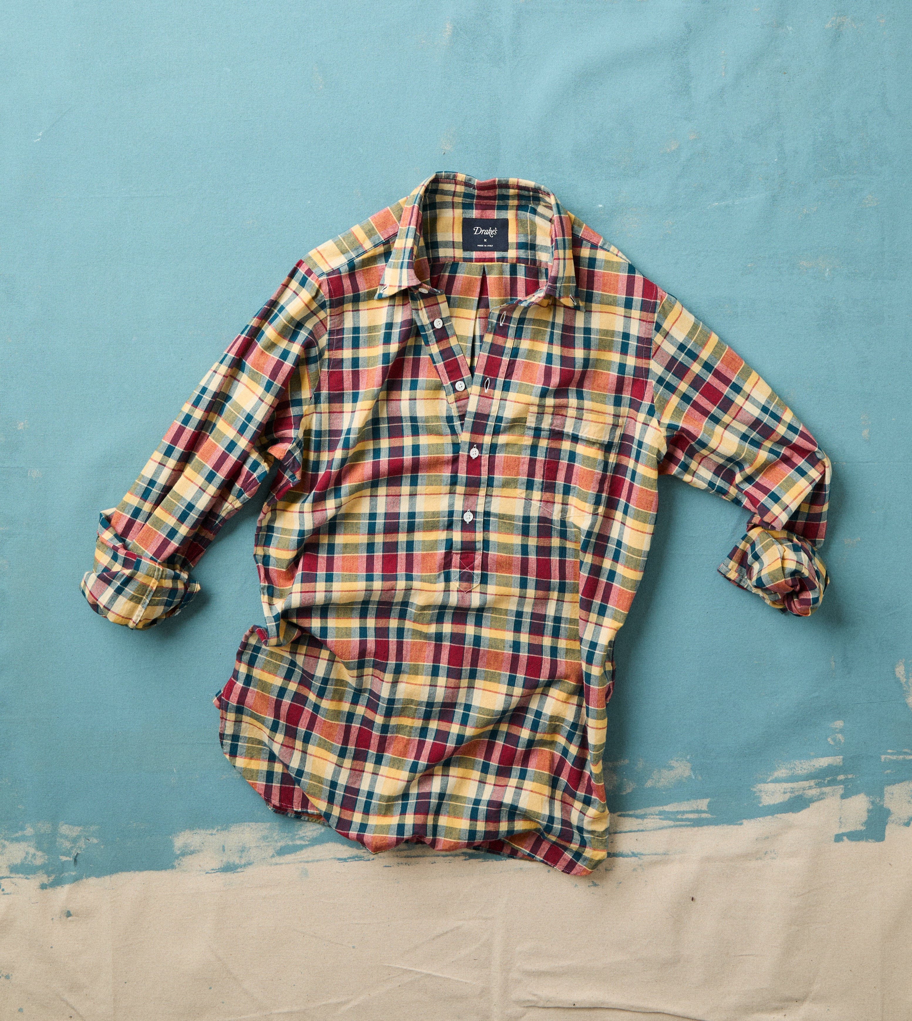 Navy, Yellow and Red Madras Check Cotton Button-Down Popover Shirt