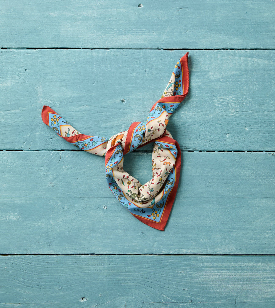 Ecru Animals and Flowers Print Silk Bandana