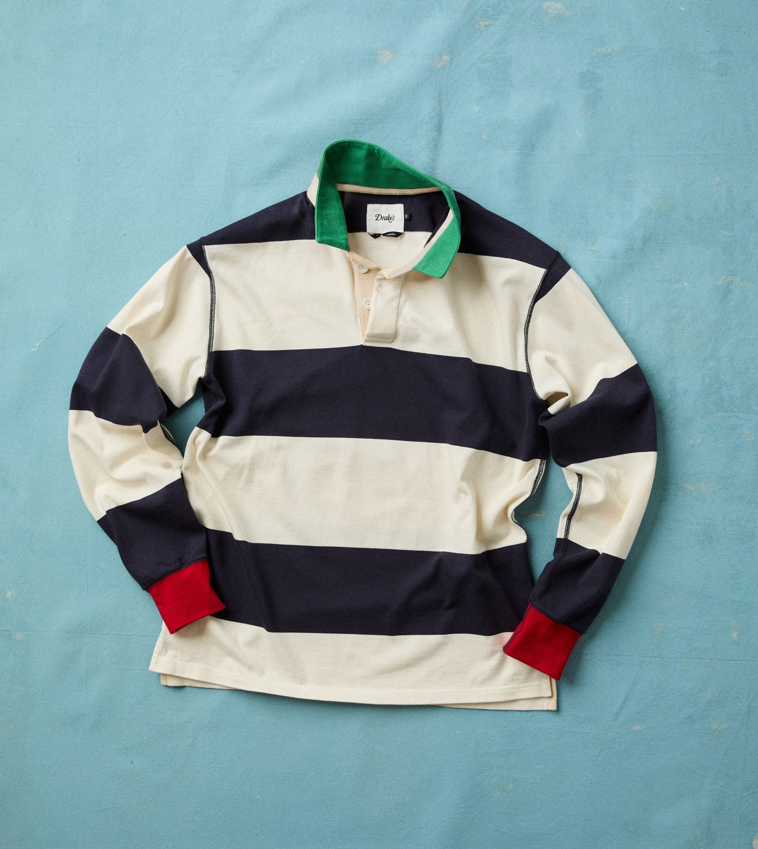 White and Navy Block Stripe Cotton Rugby Shirt