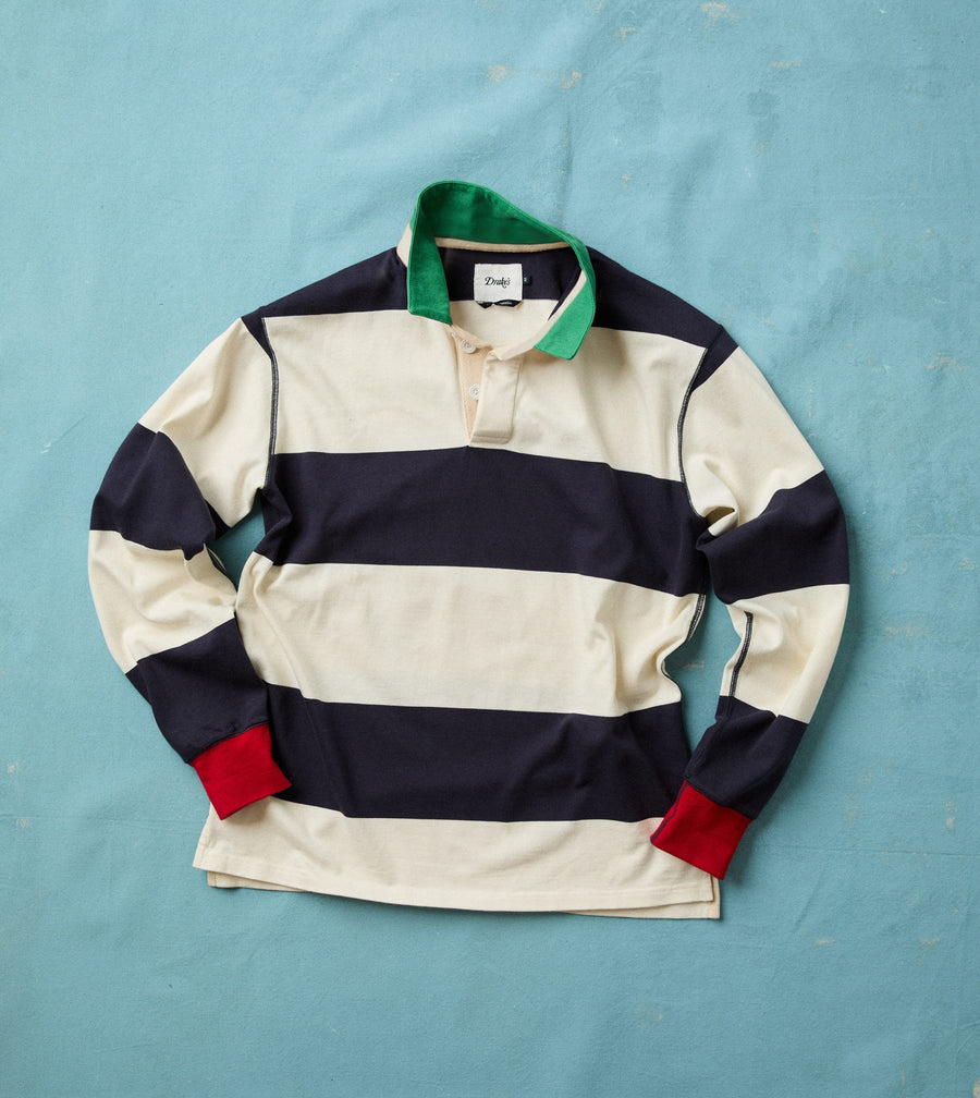 White and Navy Block Stripe Cotton Rugby Shirt