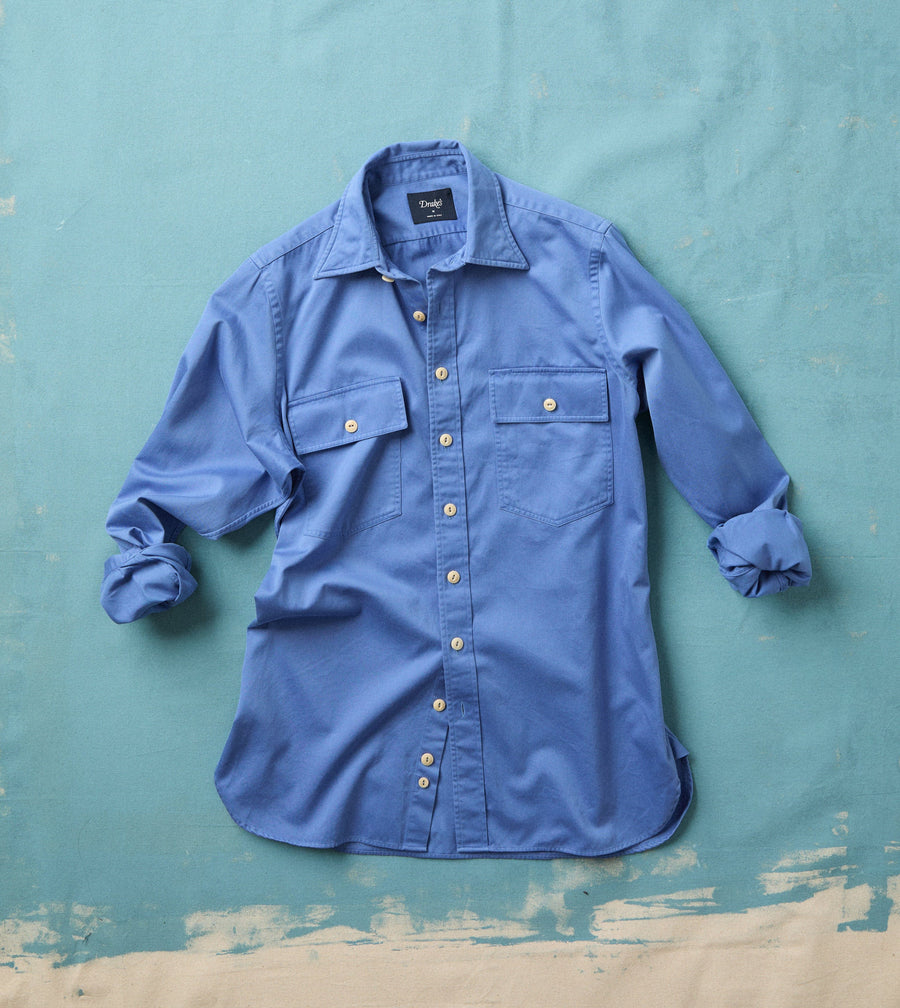 Blue Cotton Long Point Collar Work Shirt