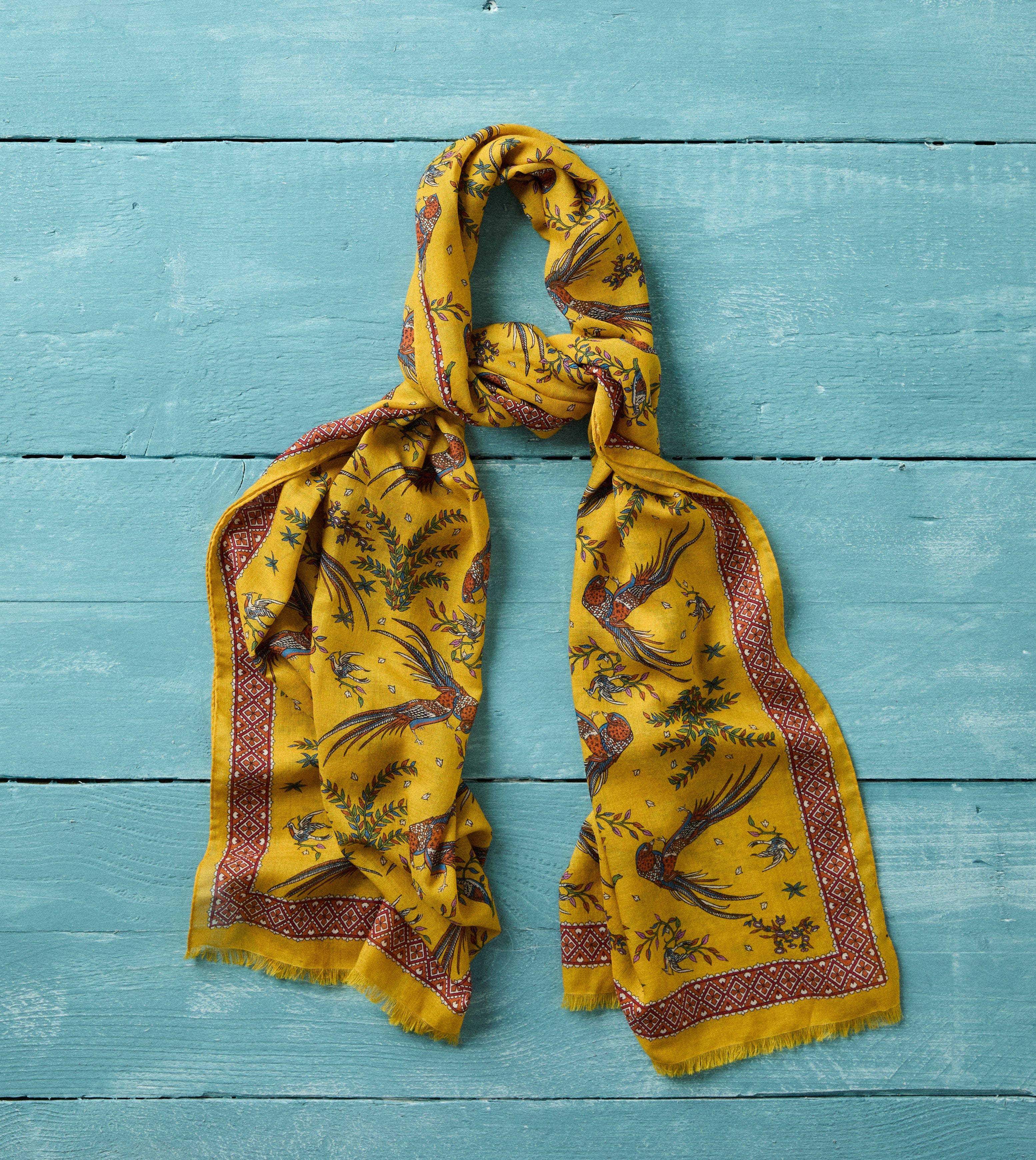 Yellow Birds of Paradise Print Wool Silk Scarf – Drakes