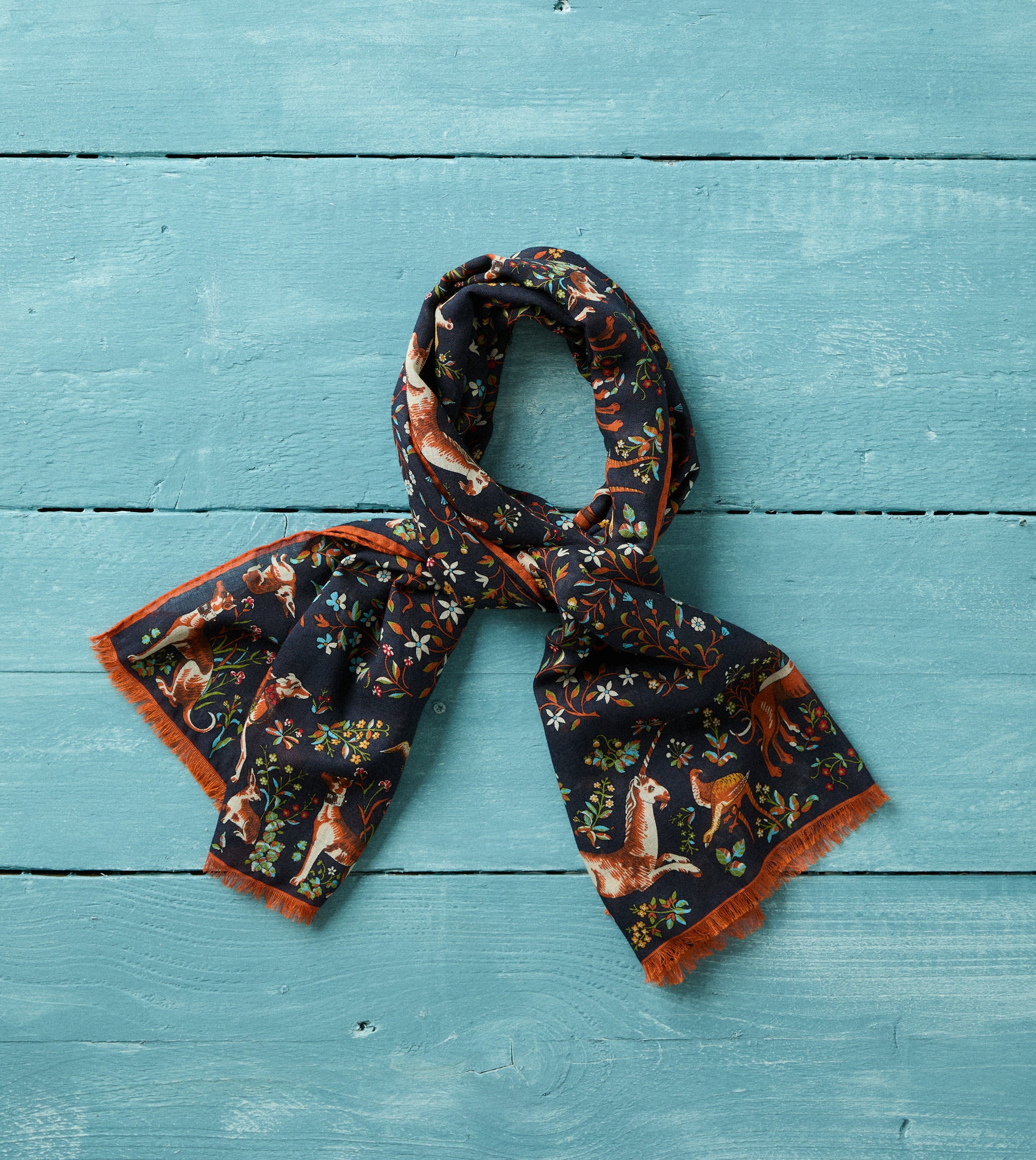 Navy Unicorn Garden Print Tubular Wool-Silk Scarf – Drakes