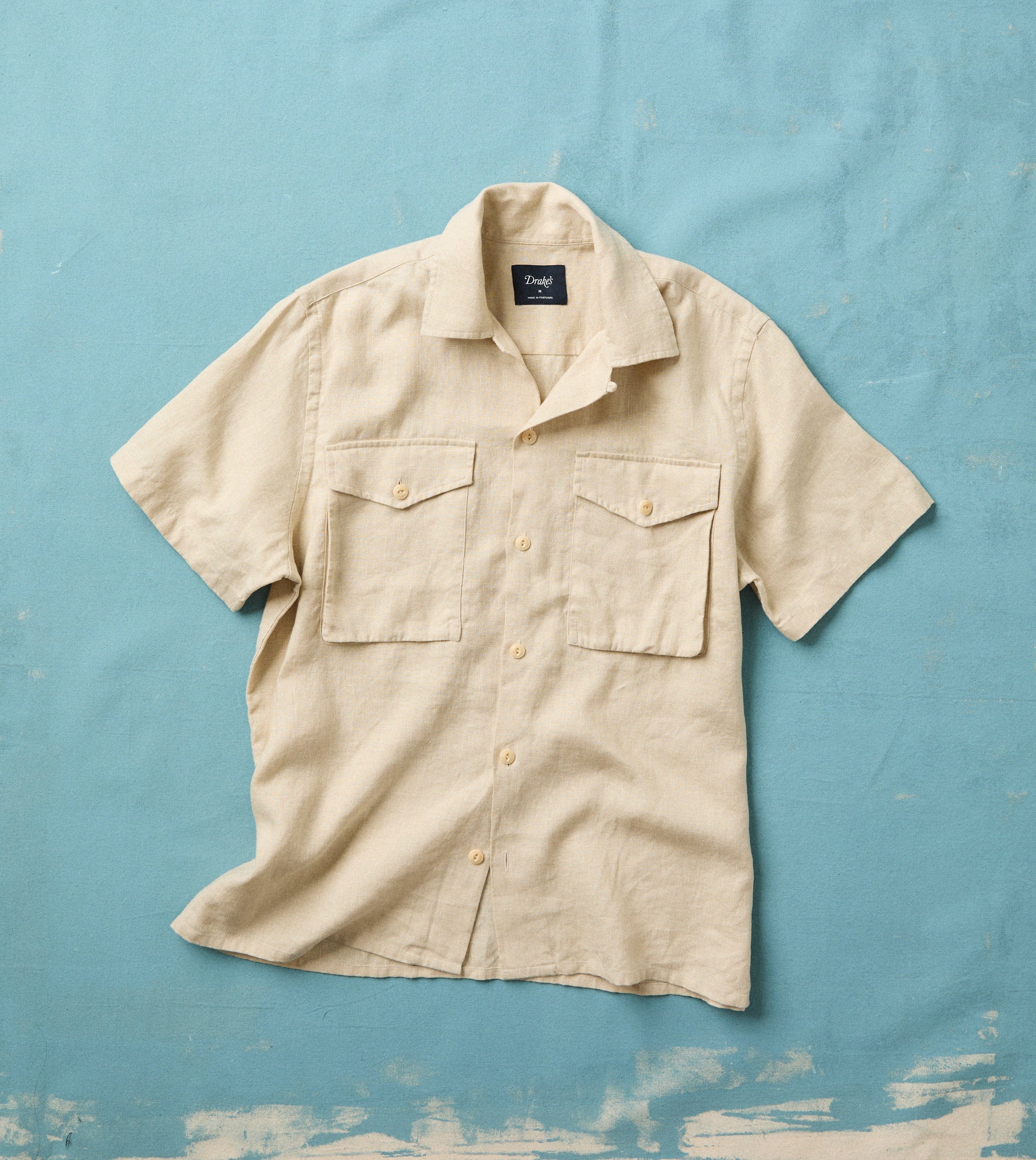Ecru Linen Short Sleeve Camp Collar Military Shirt – Drakes