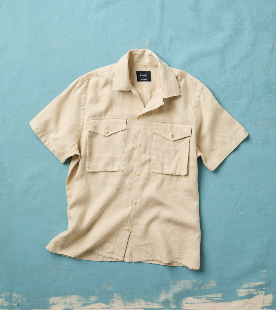 Ecru Linen Short Sleeve Camp Collar Military Shirt