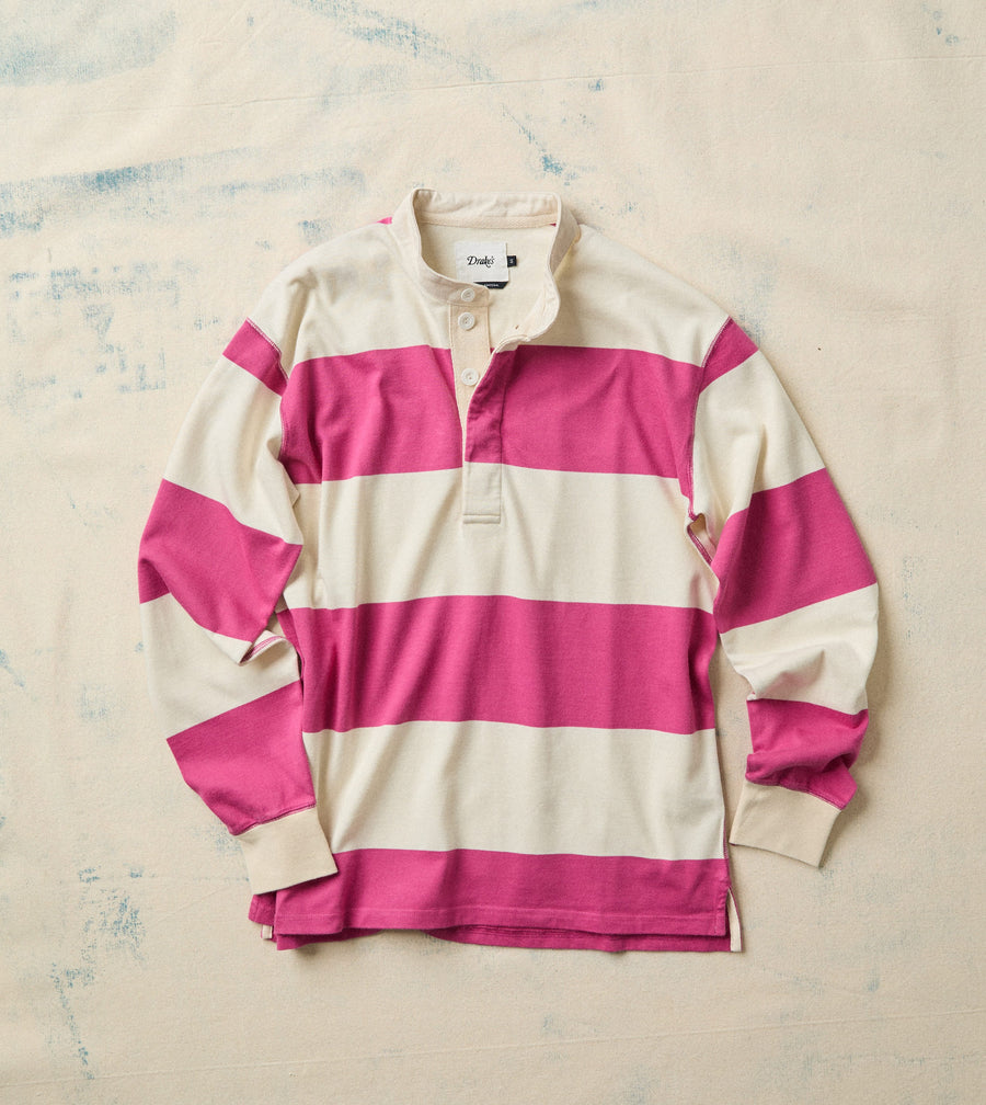 Pink and White Stripe Cotton Mandarin Collar Rugby Shirt