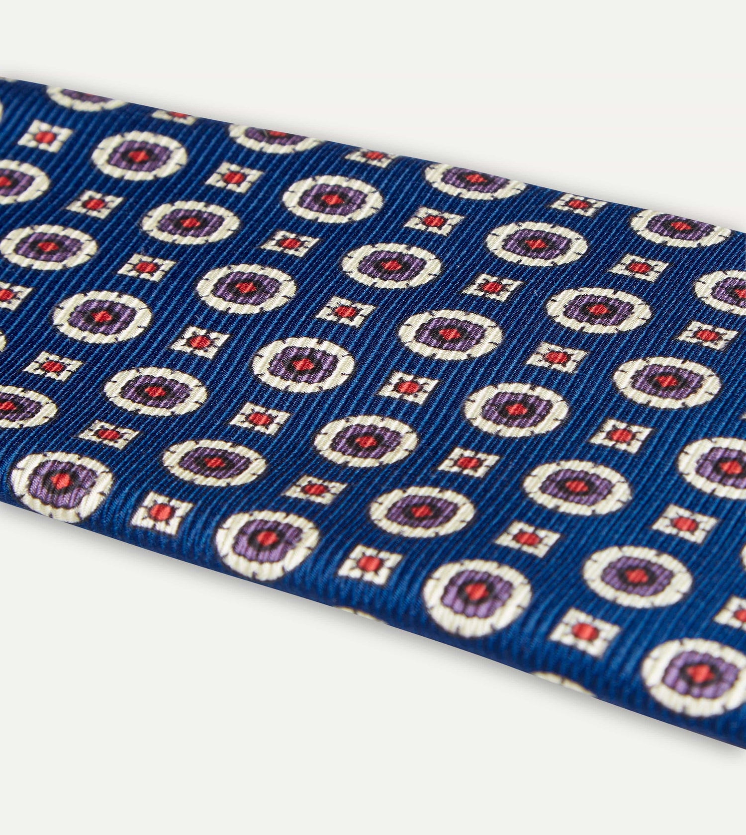 Blue and Red Geometric Medallion Print Silk Foulard Tie
