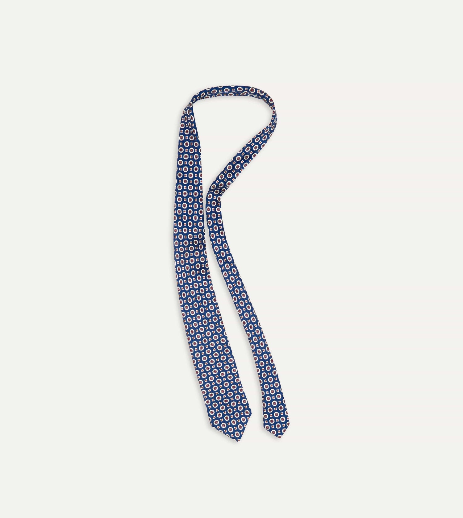 Blue and Red Geometric Medallion Print Silk Foulard Tie